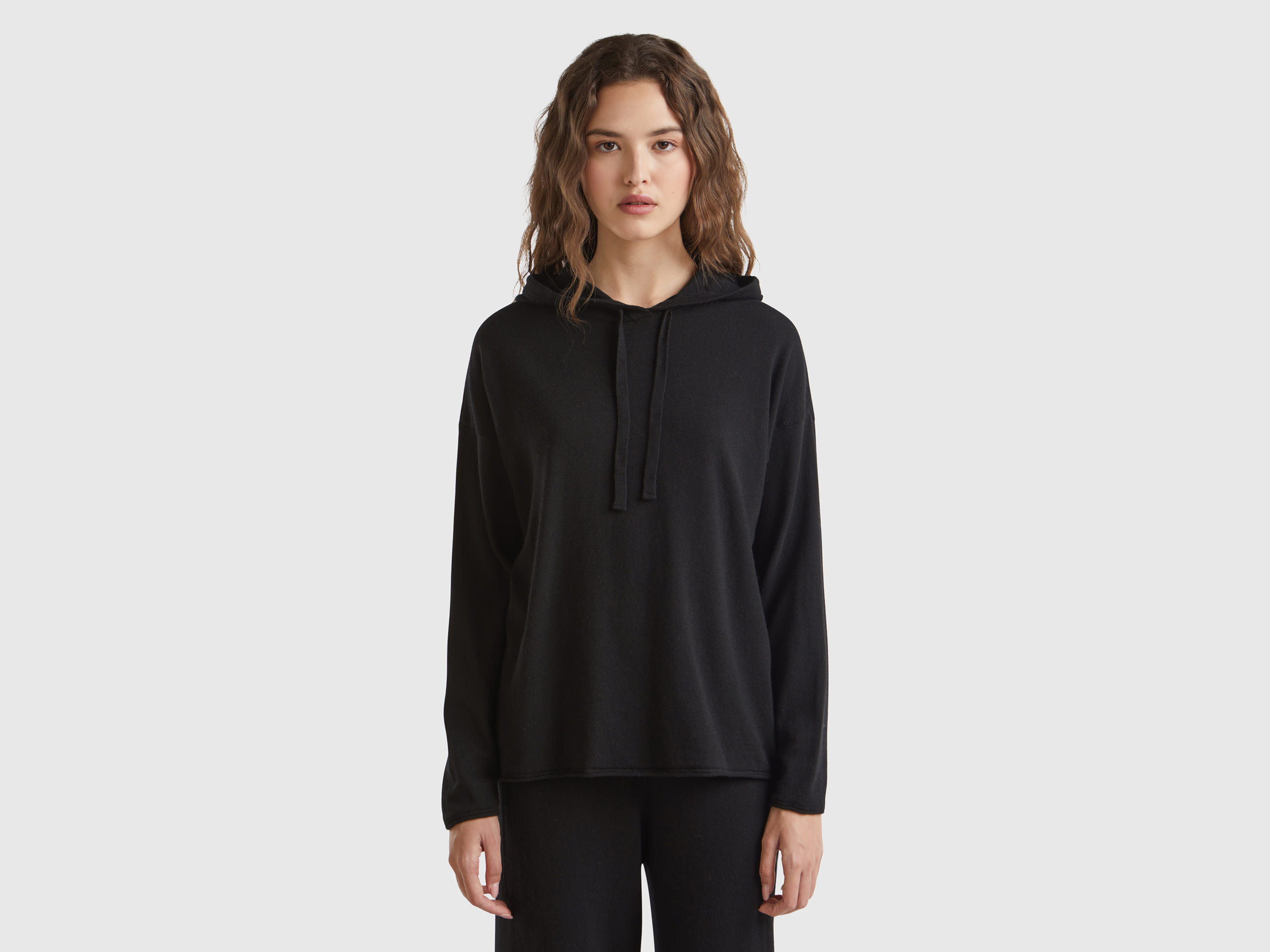 Benetton, Maglia Nera Misto Cashmere Con Cappuccio, Nero, Donna