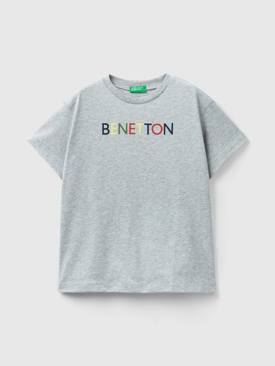 Benetton, T-shirt 100% Cotone Bio, Grigio Chiaro, Bambini