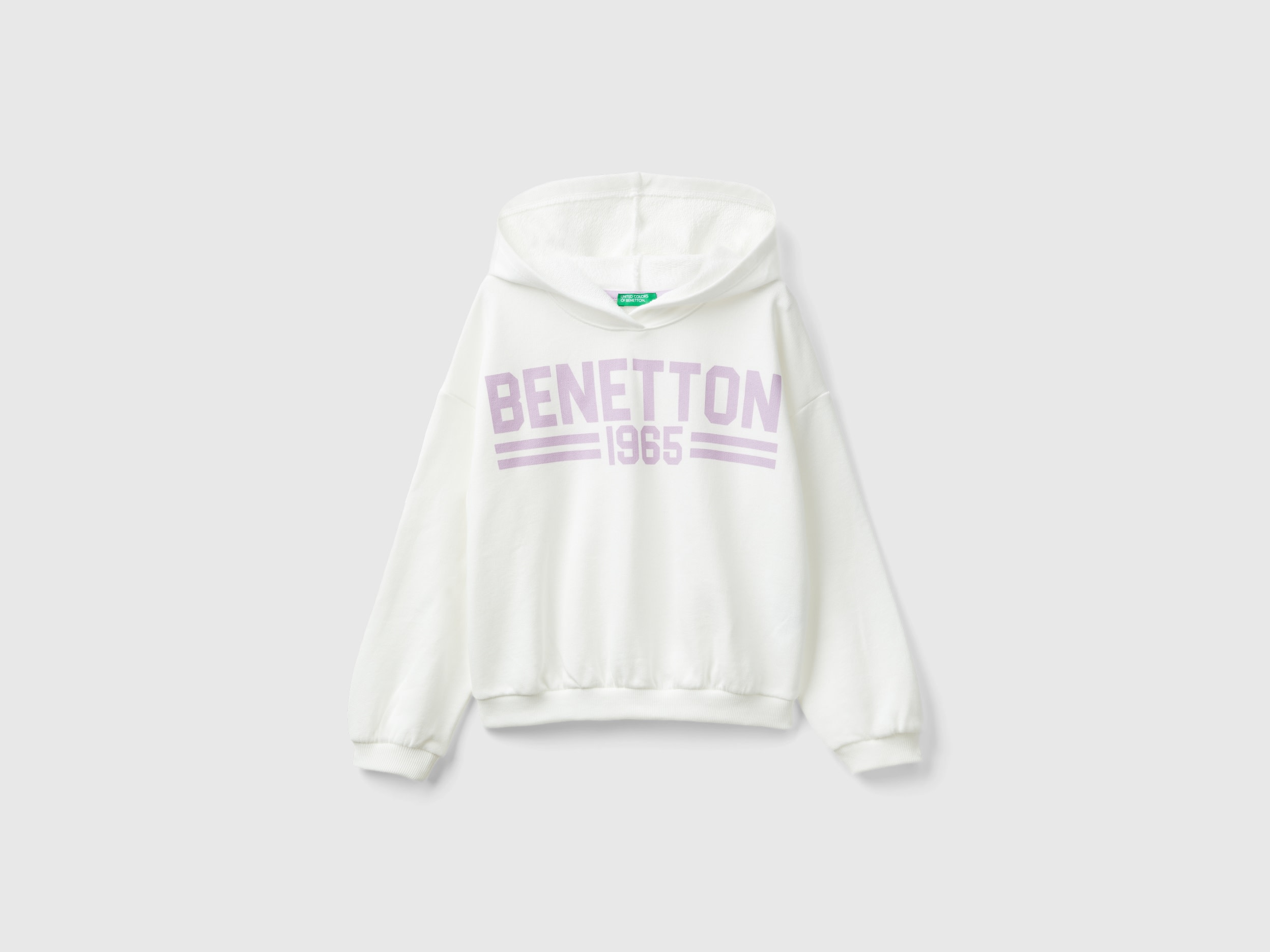 Benetton, Felpa Con Cappuccio 100% Cotone, Bianco Panna, Bambini