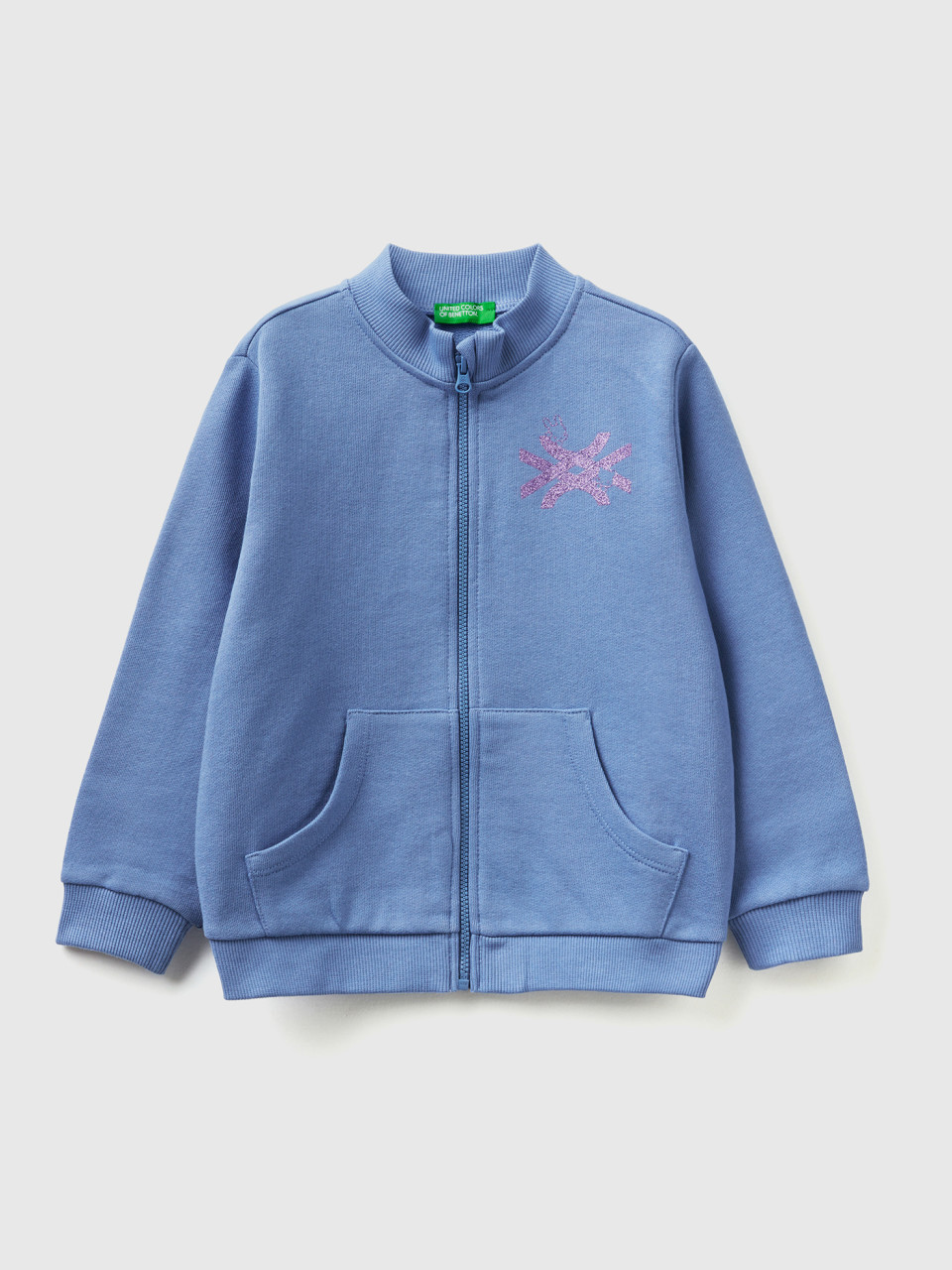 Benetton, Sweatshirt With Zip In Organic Cotton, Light Blue, Kids