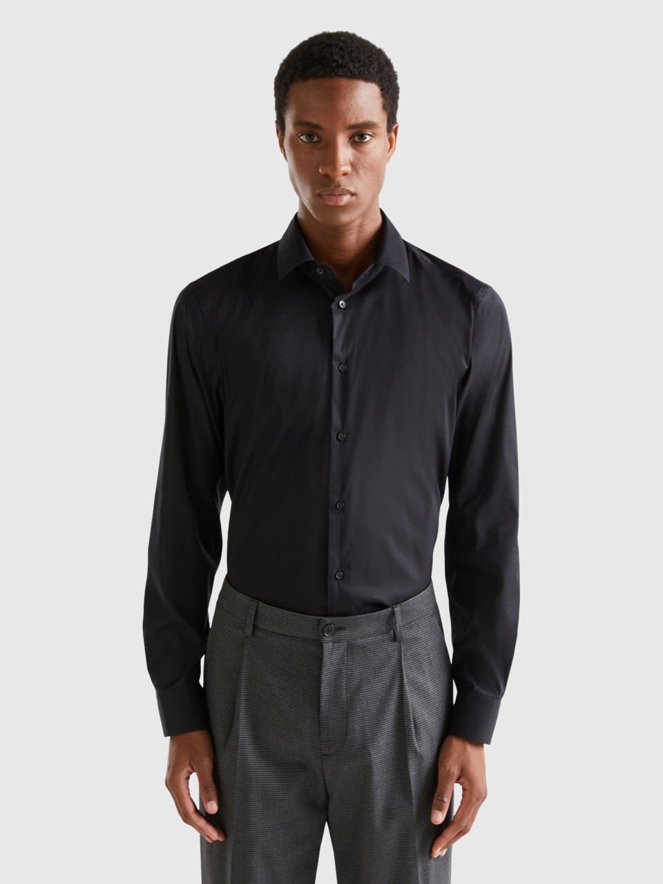 Benetton, Solid Color Slim Fit Shirt, Black, Men