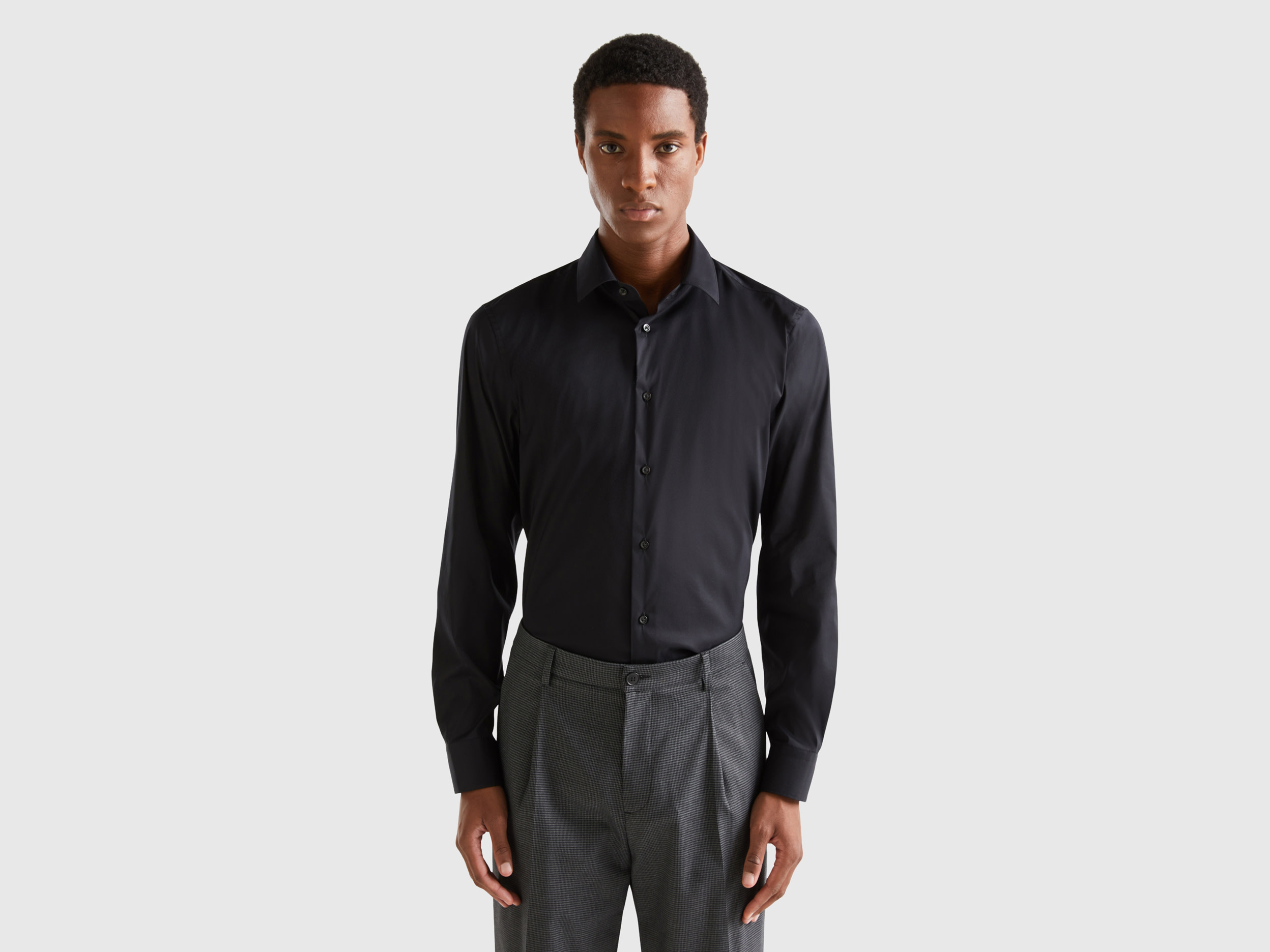 Benetton, Solid Color Slim Fit Shirt, size M, Black, Men