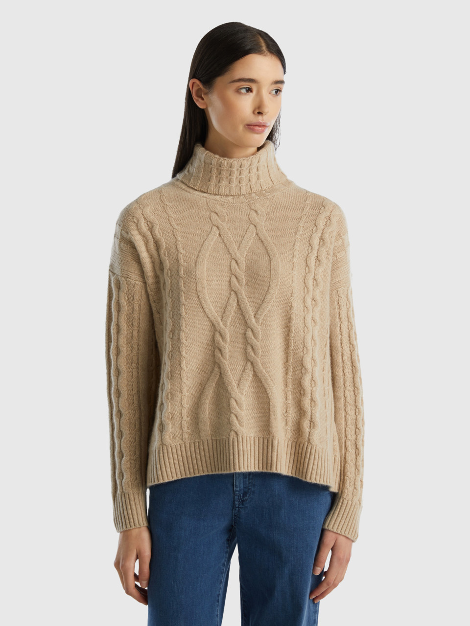 Benetton, Pure Cashmere Turtleneck With Cable Knit, Beige, Women