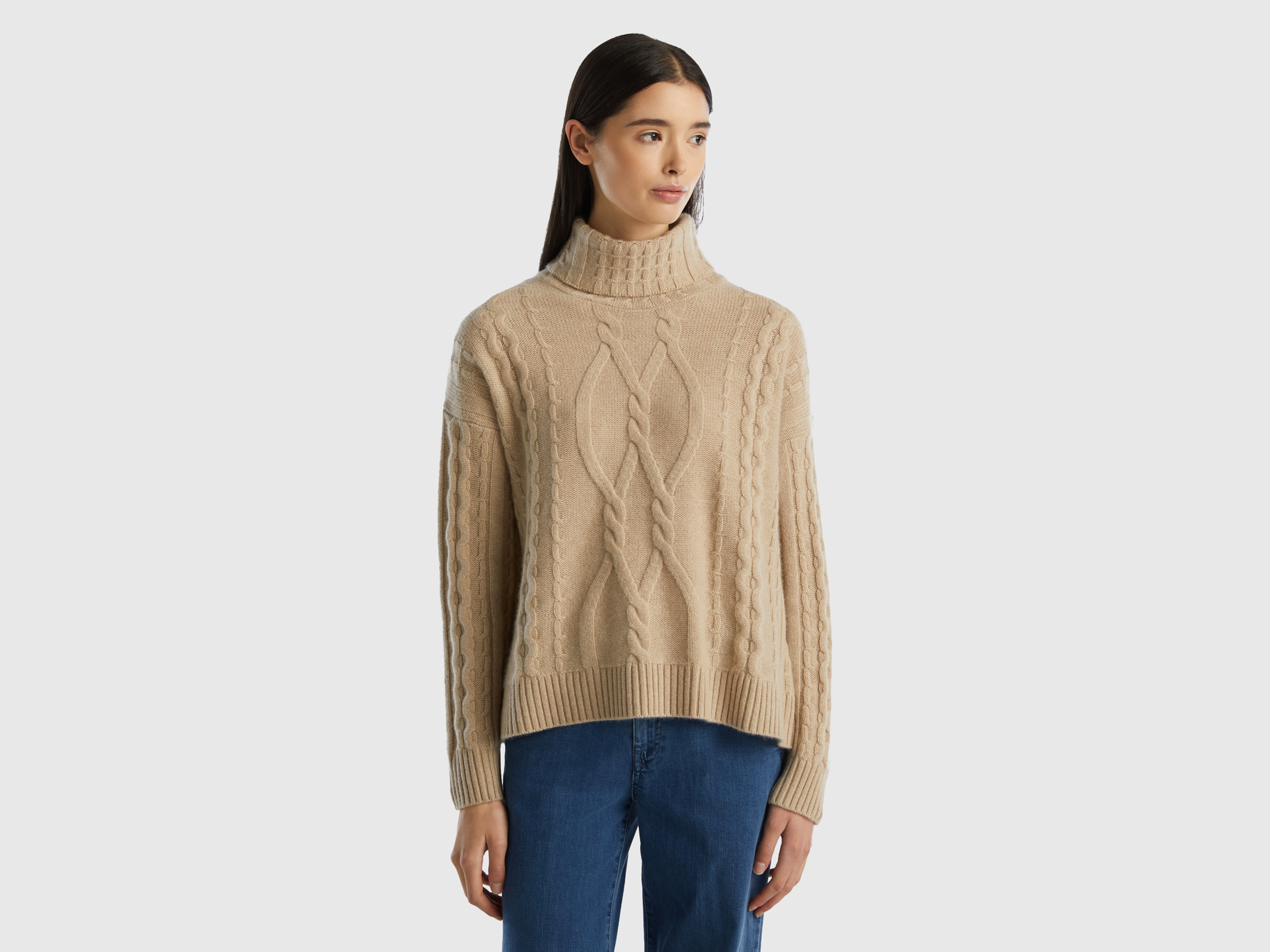 Benetton, Pure Cashmere Turtleneck With Cable Knit, size M, Beige, Women
