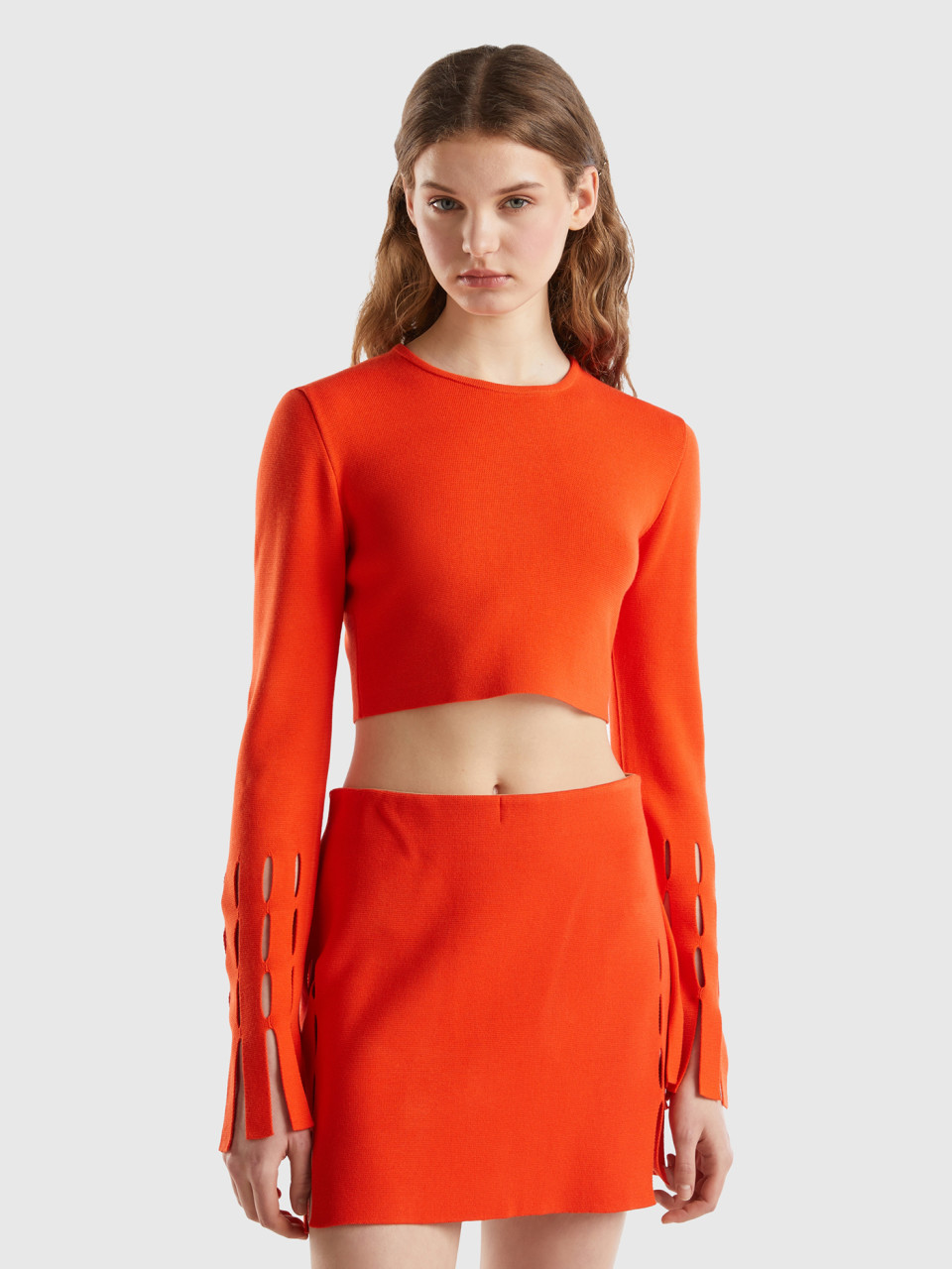 Benetton, Cut-out Cropped Sweater, Red, Women