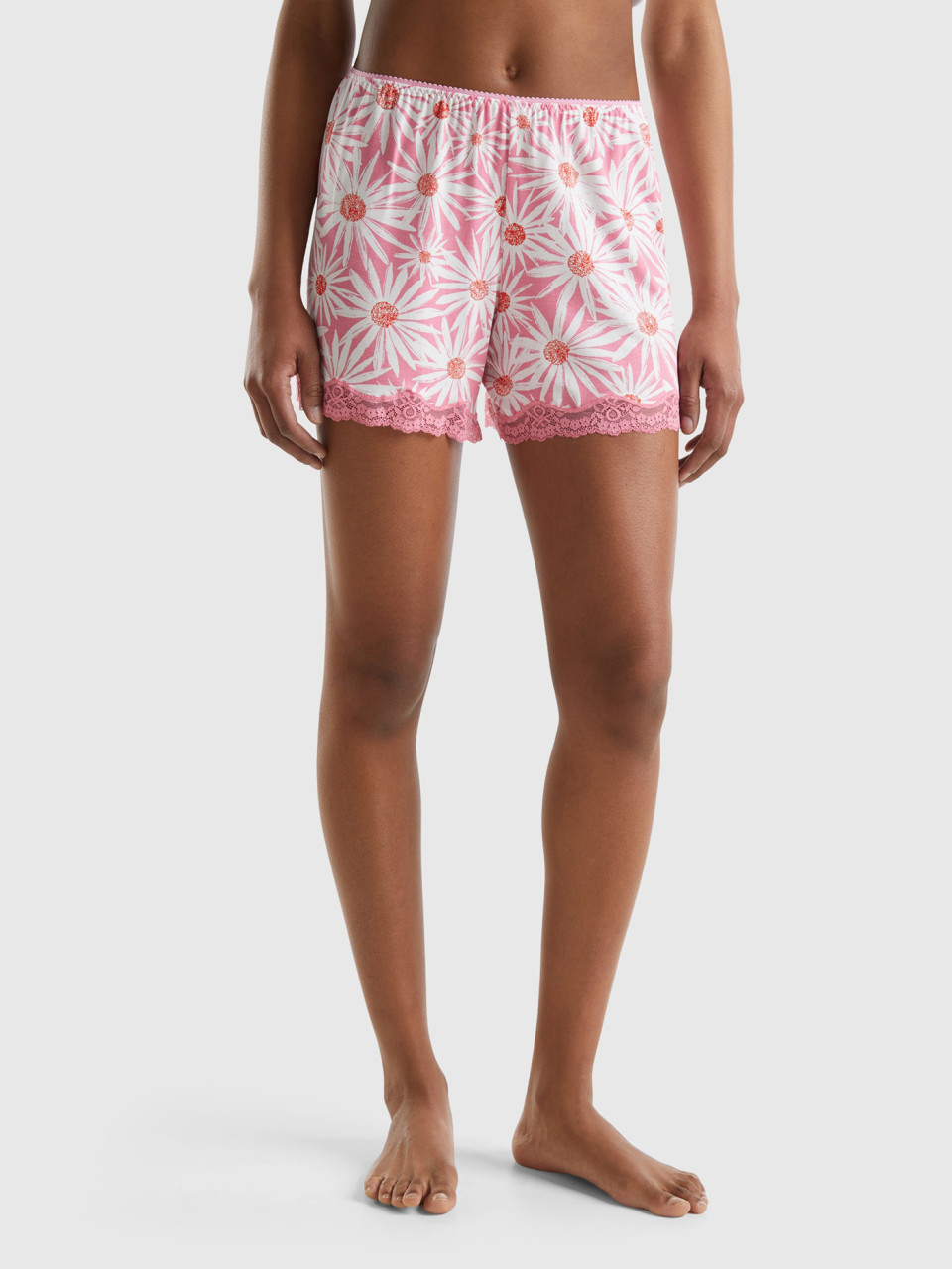 Benetton, Floral Shorts In Stretch Viscose, Pink, Women