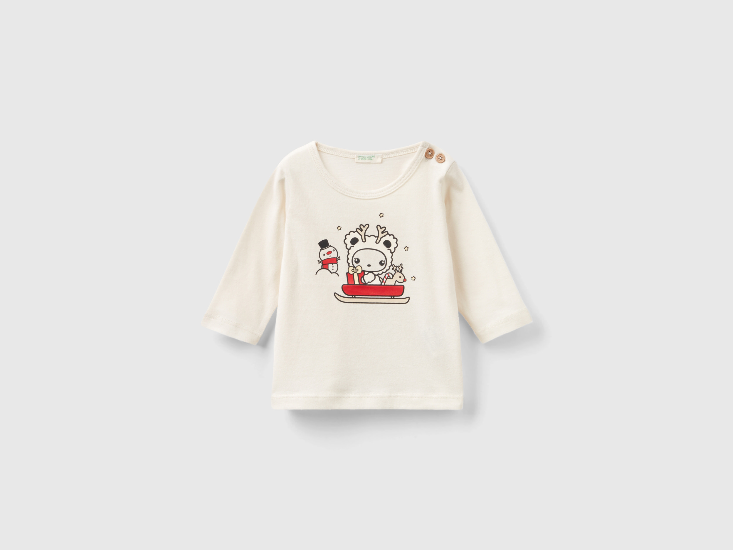 Benetton, T-shirt With Christmas Print, size 3-6, Creamy White, Kids