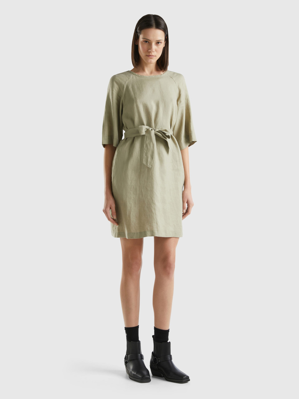 Benetton, Short Dress In Pure Linen, Light Green, Women