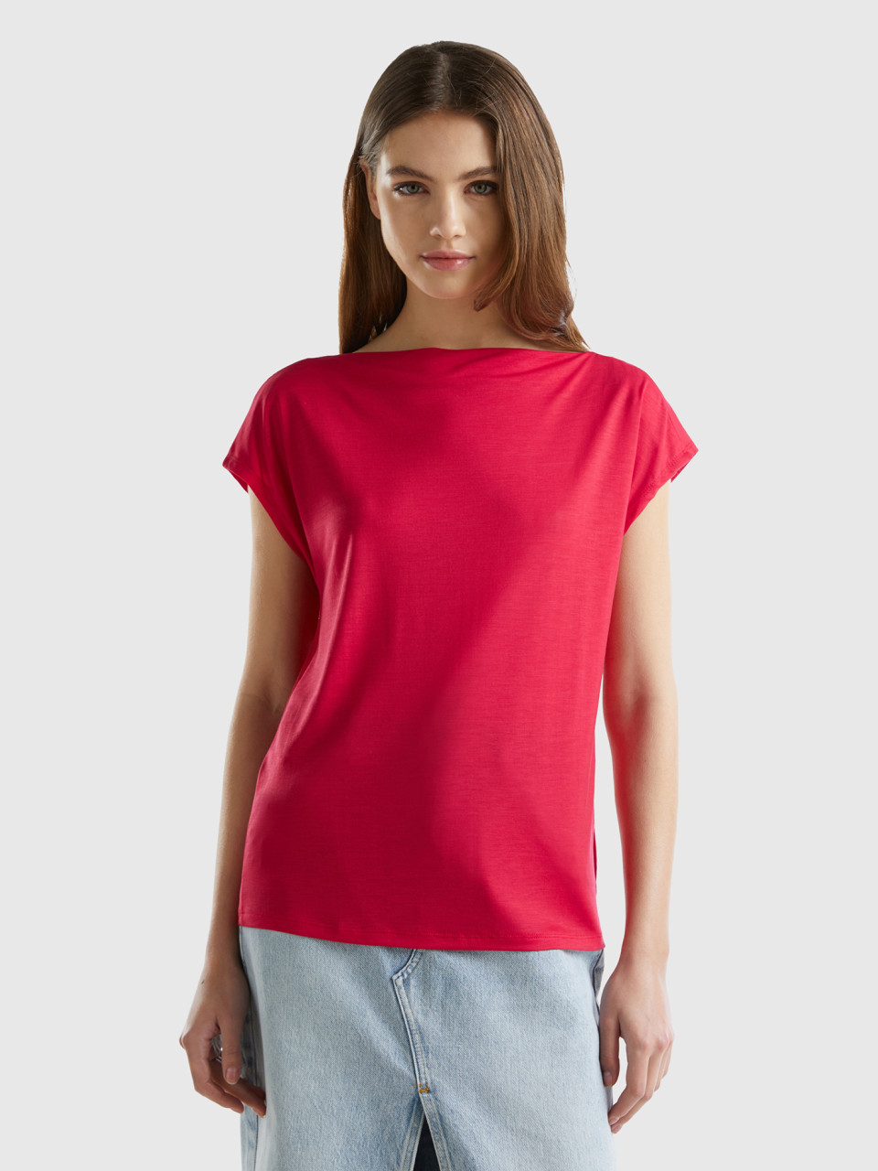 Benetton, Short Sleeve T-shirt In Sustainable Viscose, Red, Women