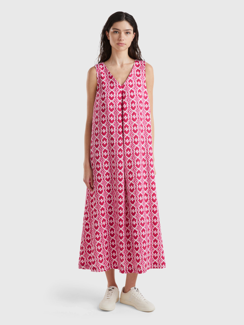 Benetton, Printed Linen Dress, Cyclamen, Women