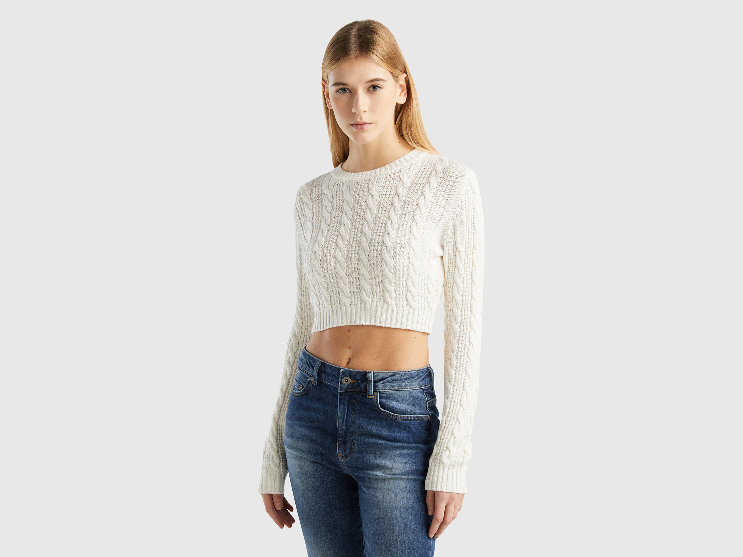Benetton, Cropped Cable Knit Sweater, size L-XL, Creamy White, Women