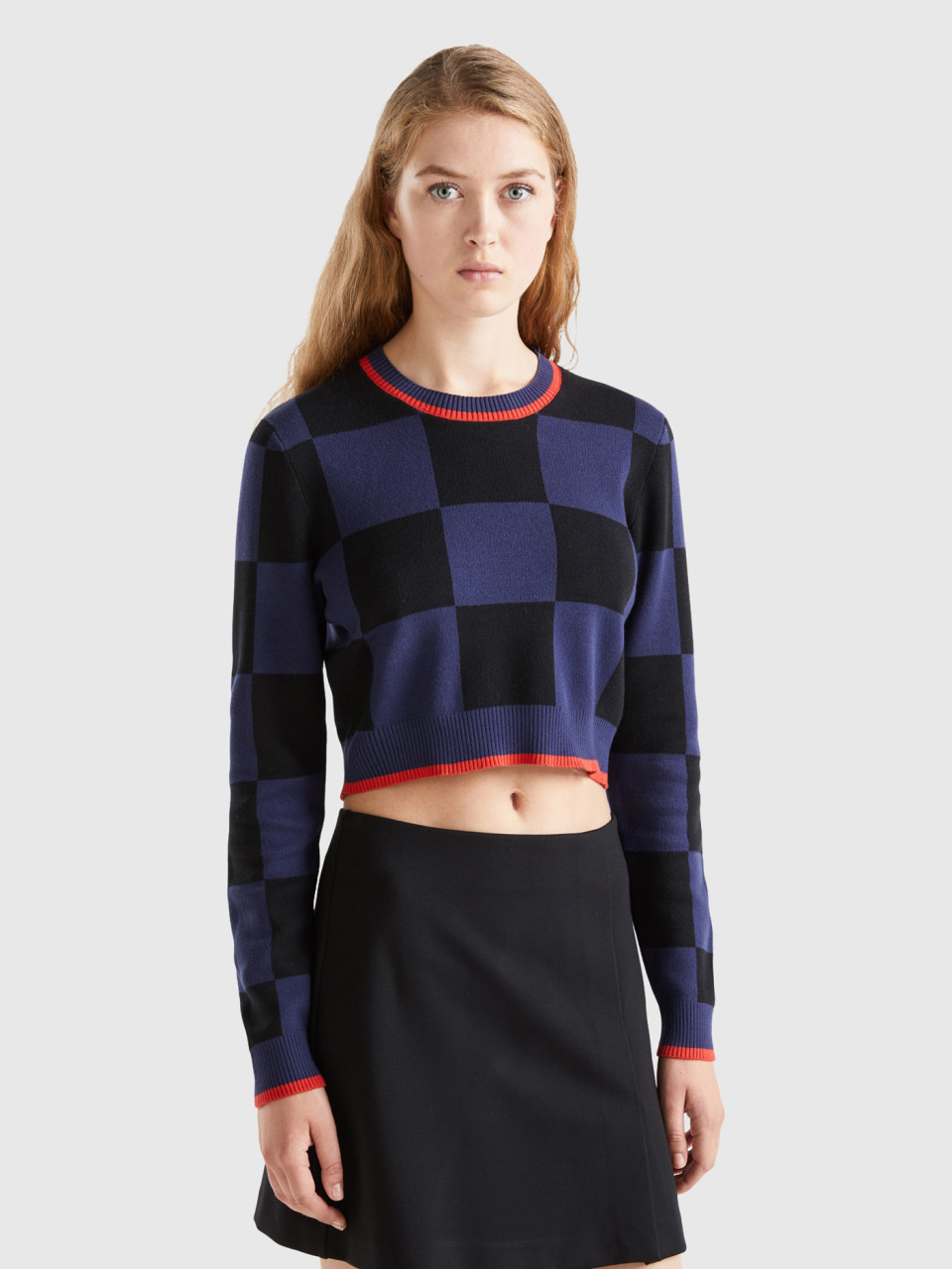 Benetton, Cropped Checkered Sweater, Dark Blue, Women