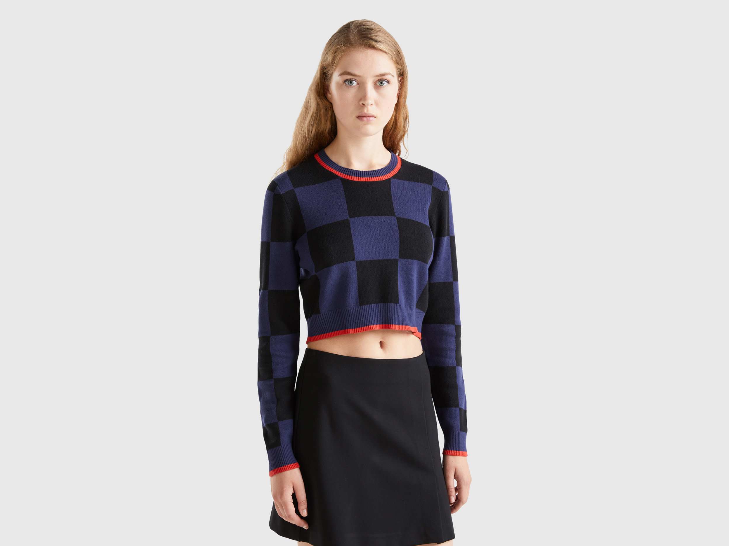 Benetton, Cropped Checkered Sweater, size XL, Dark Blue, Women