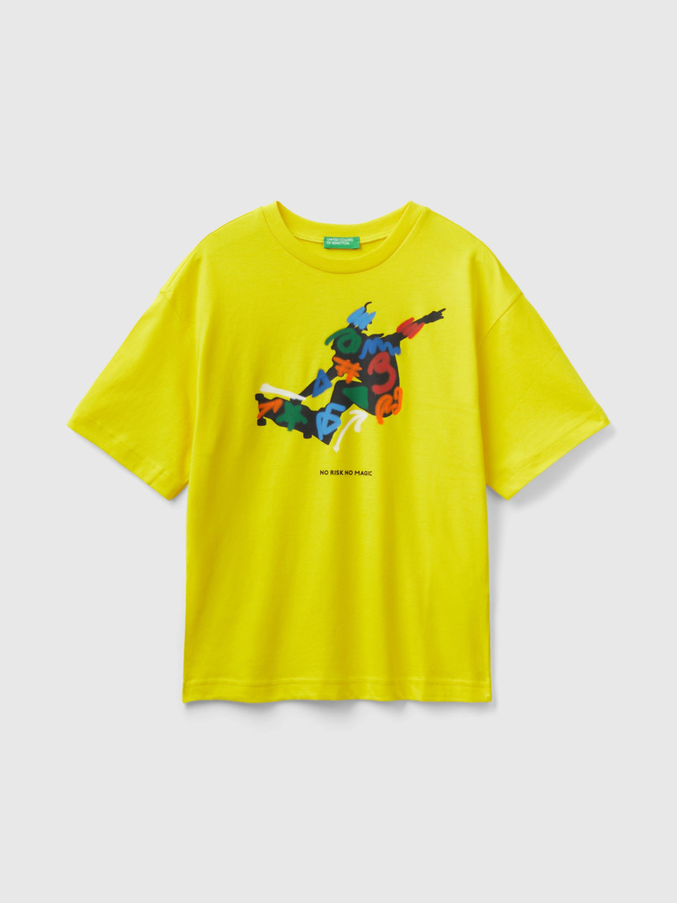Benetton, Camiseta De Cuello Redondo Con Estampado, Amarillo, Niños