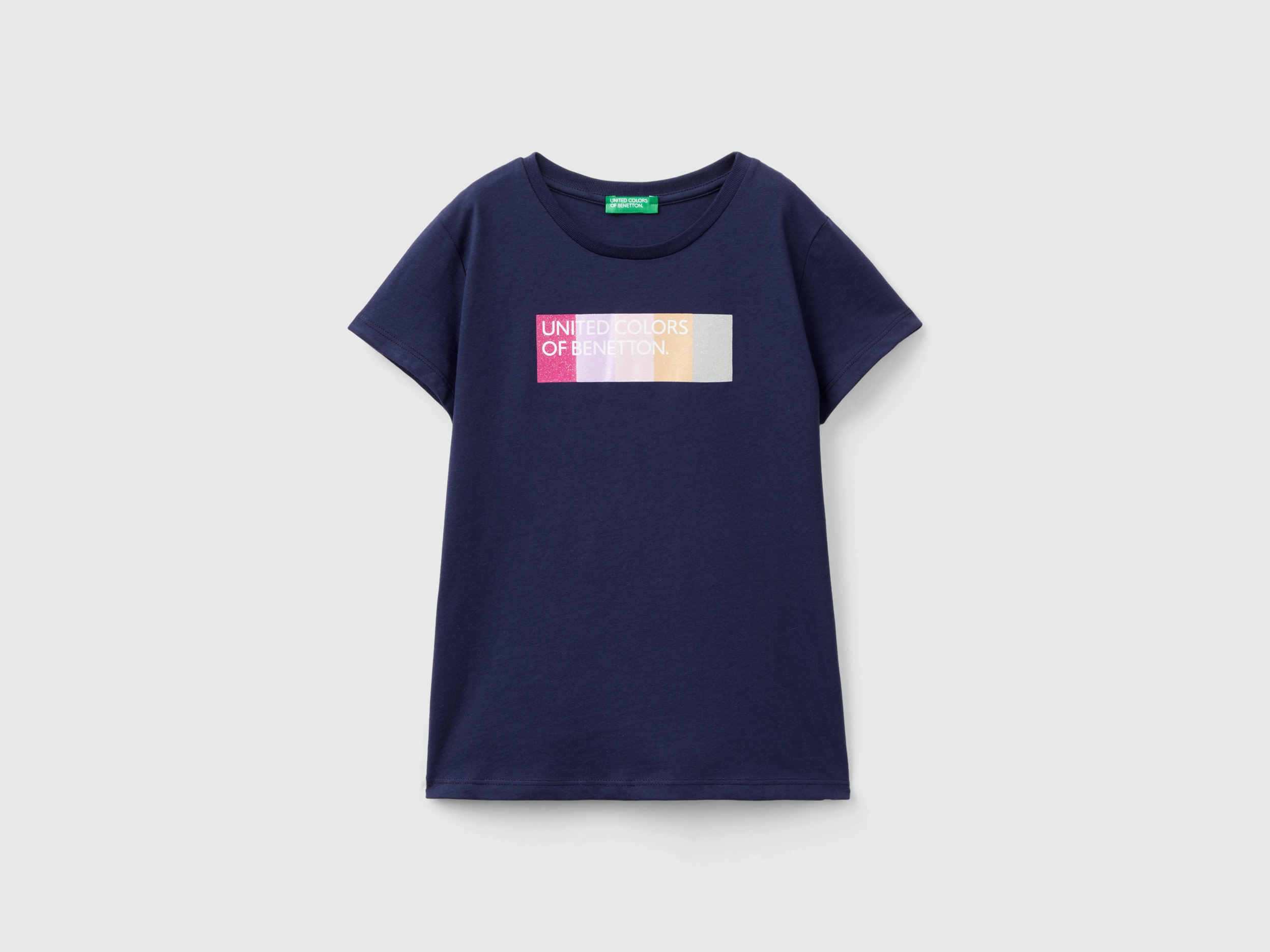 Benetton, T-shirt Con Logo Glitter In Cotone Bio, Blu Scuro, Bambini