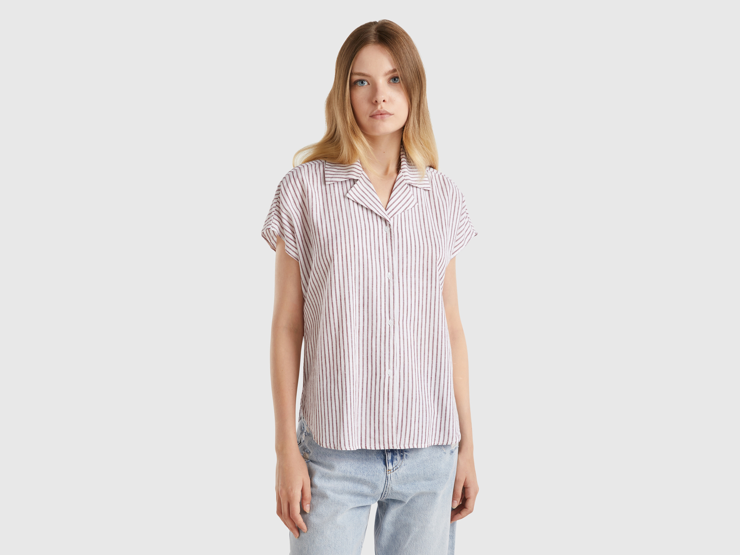 Benetton, Camicia Manica Corta A Righe, Bordeaux, Donna