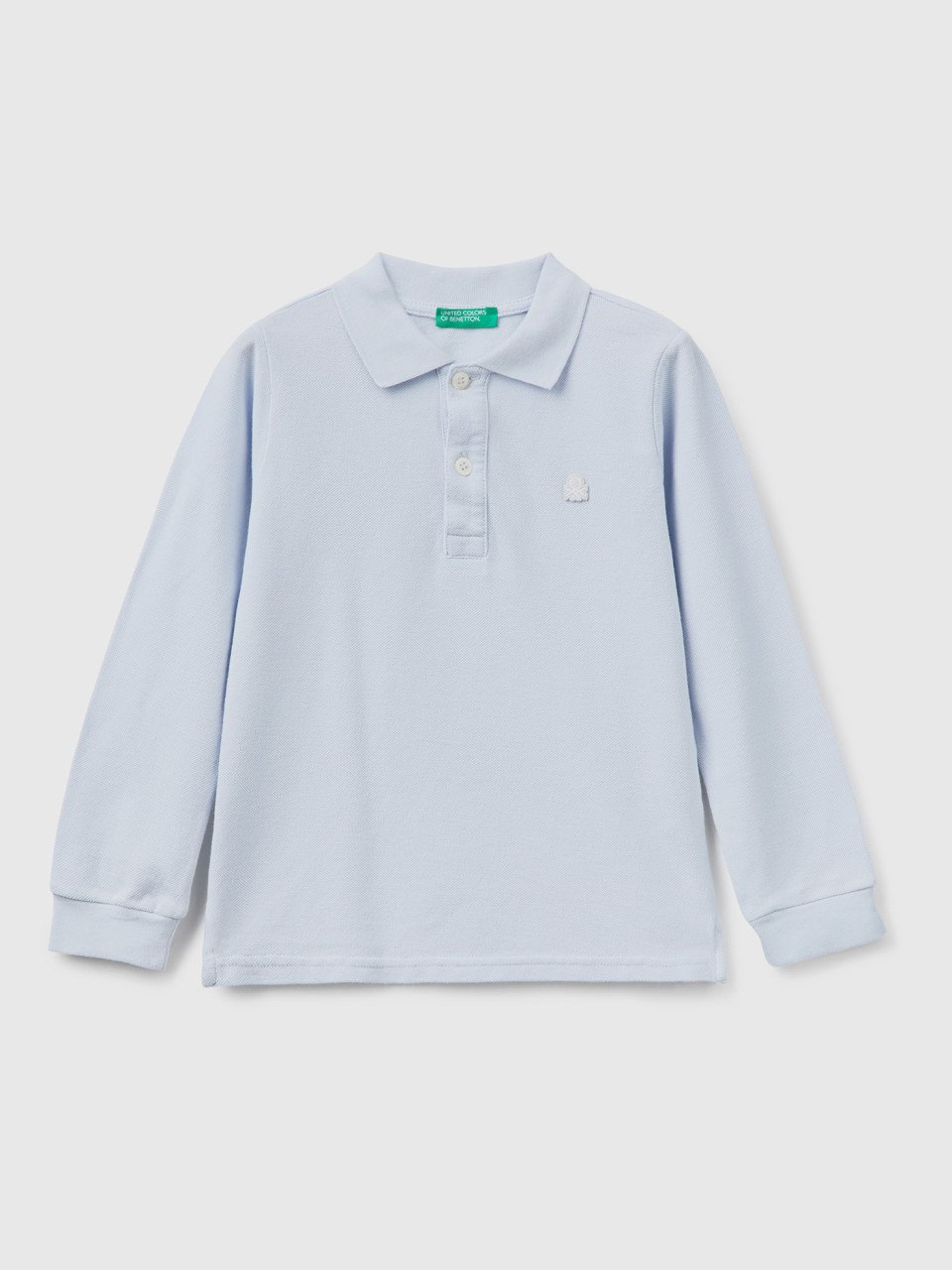 Benetton, Long Sleeve Polo In Organic Cotton, Sky Blue, Kids