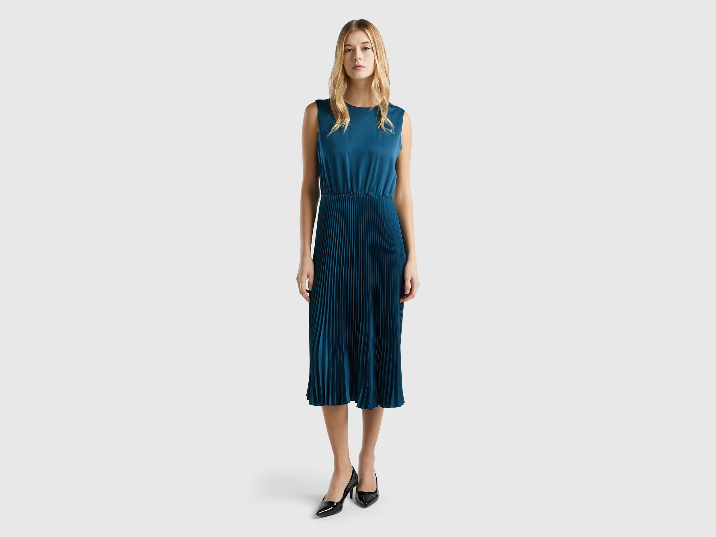 Benetton, Midi Dress With Pleated Skirt, size L, Teal, Women