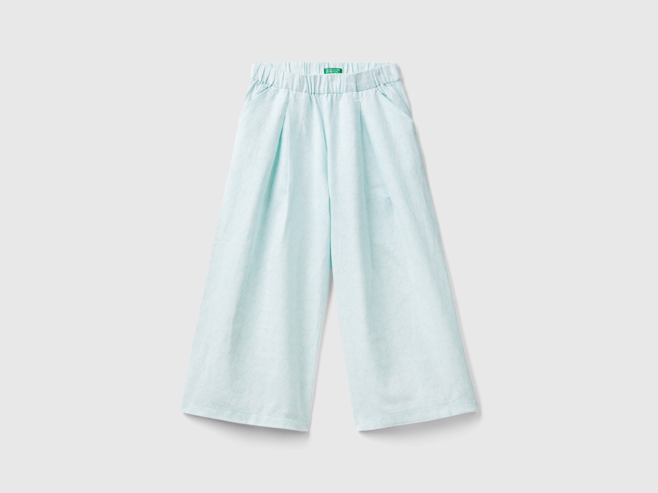 Benetton, Pantaloni Fantasia In Misto Lino, Verde Acqua, Bambini