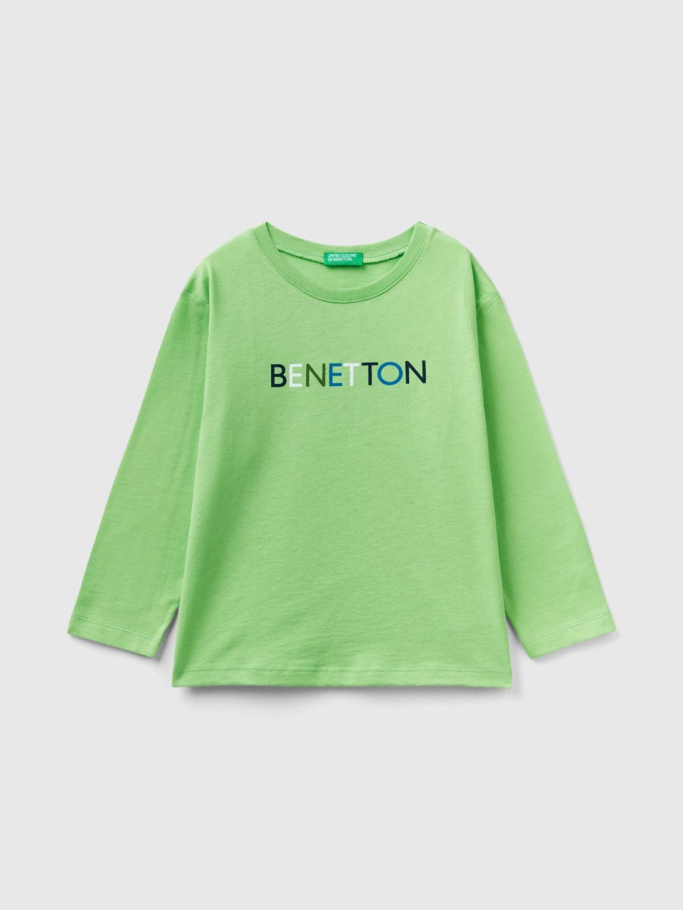 Benetton, Camiseta De Manga Larga De Algodón Orgánico, Verde Claro, Niños