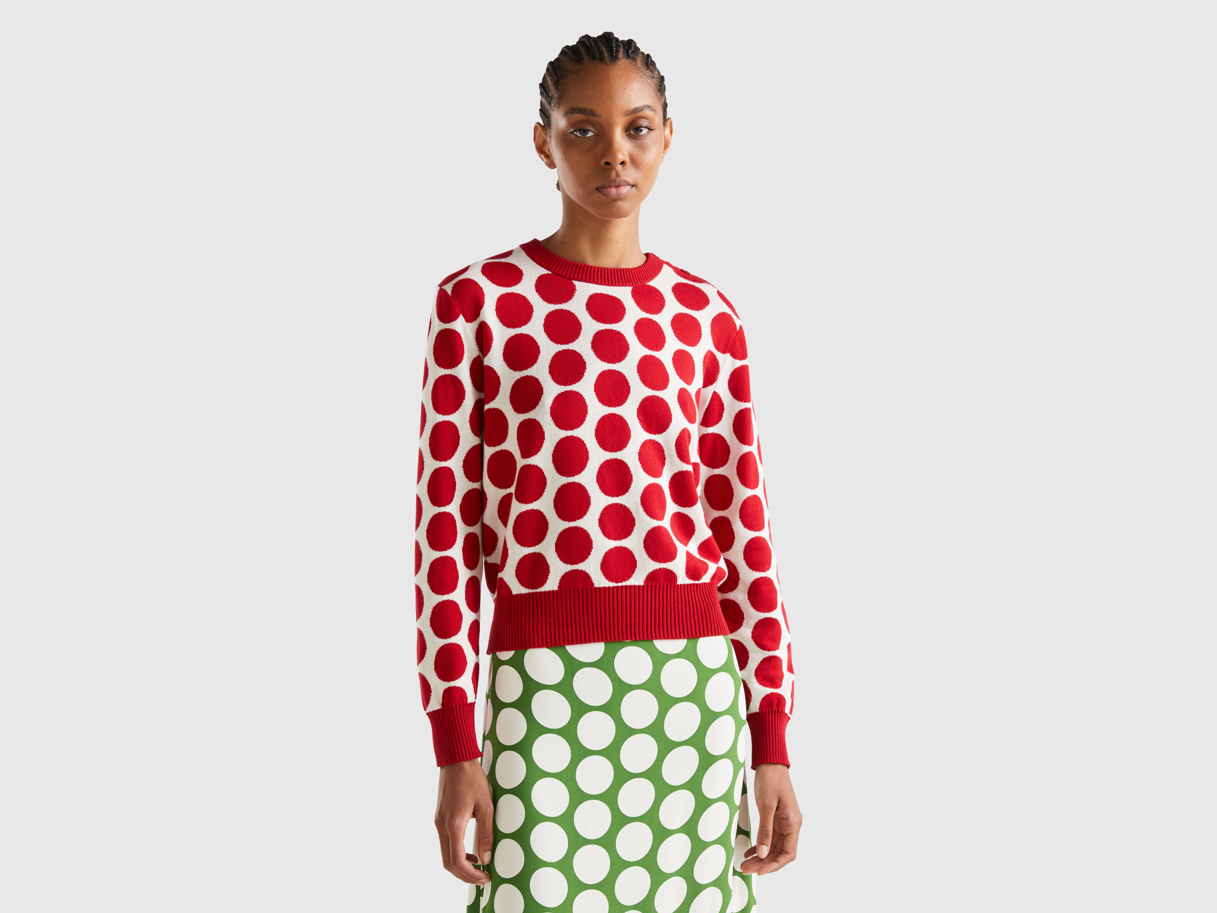 Benetton, Polka Dot Sweater In Tricot Cotton, size XL, Red, Women