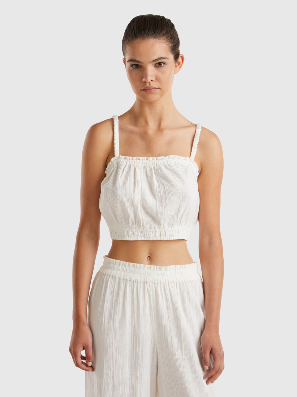 Benetton, Top Cropped 100% Cotone, Bianco Panna, Donna