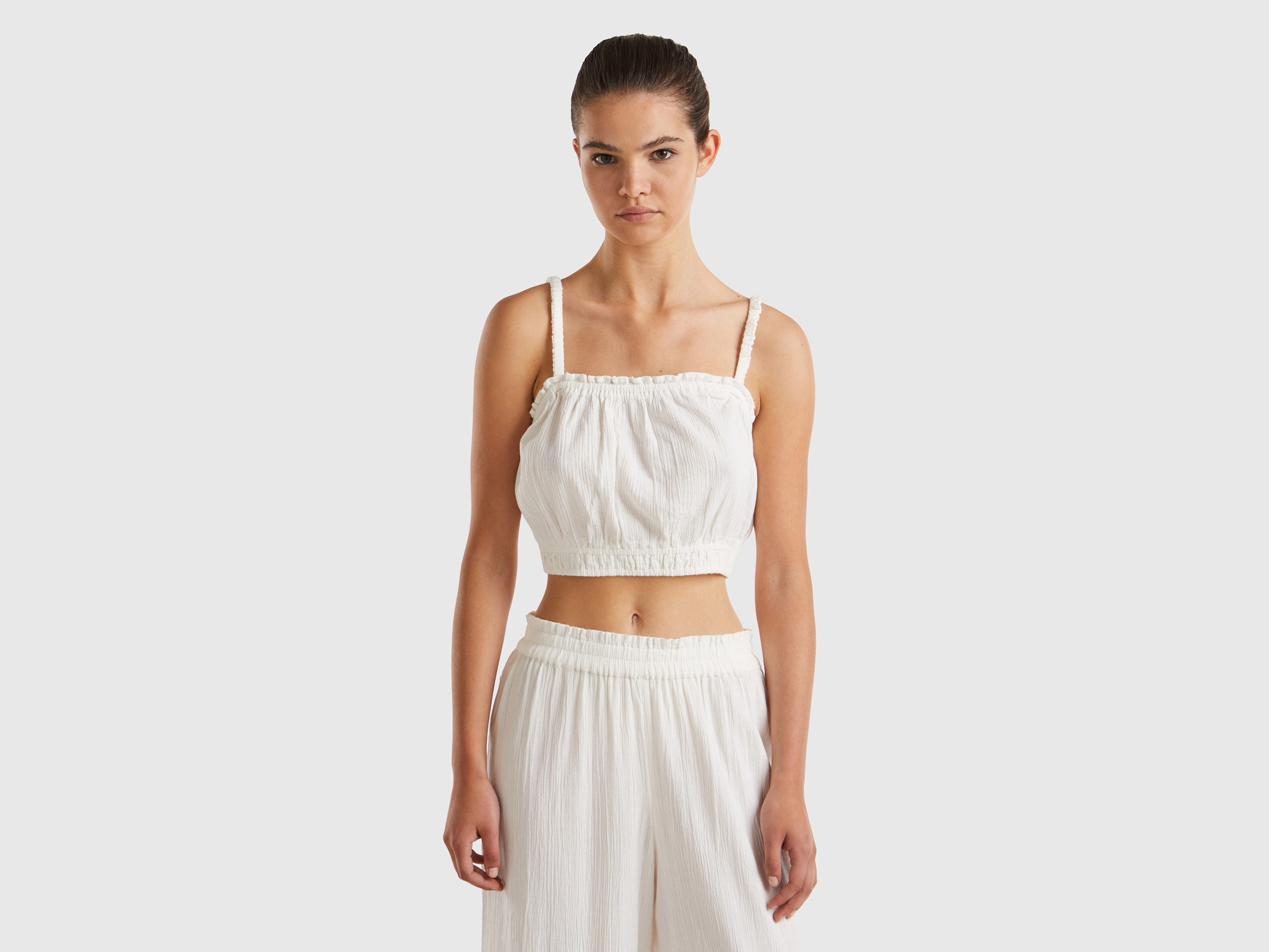 Benetton, Top Cropped 100% Cotone, Bianco Panna, Donna