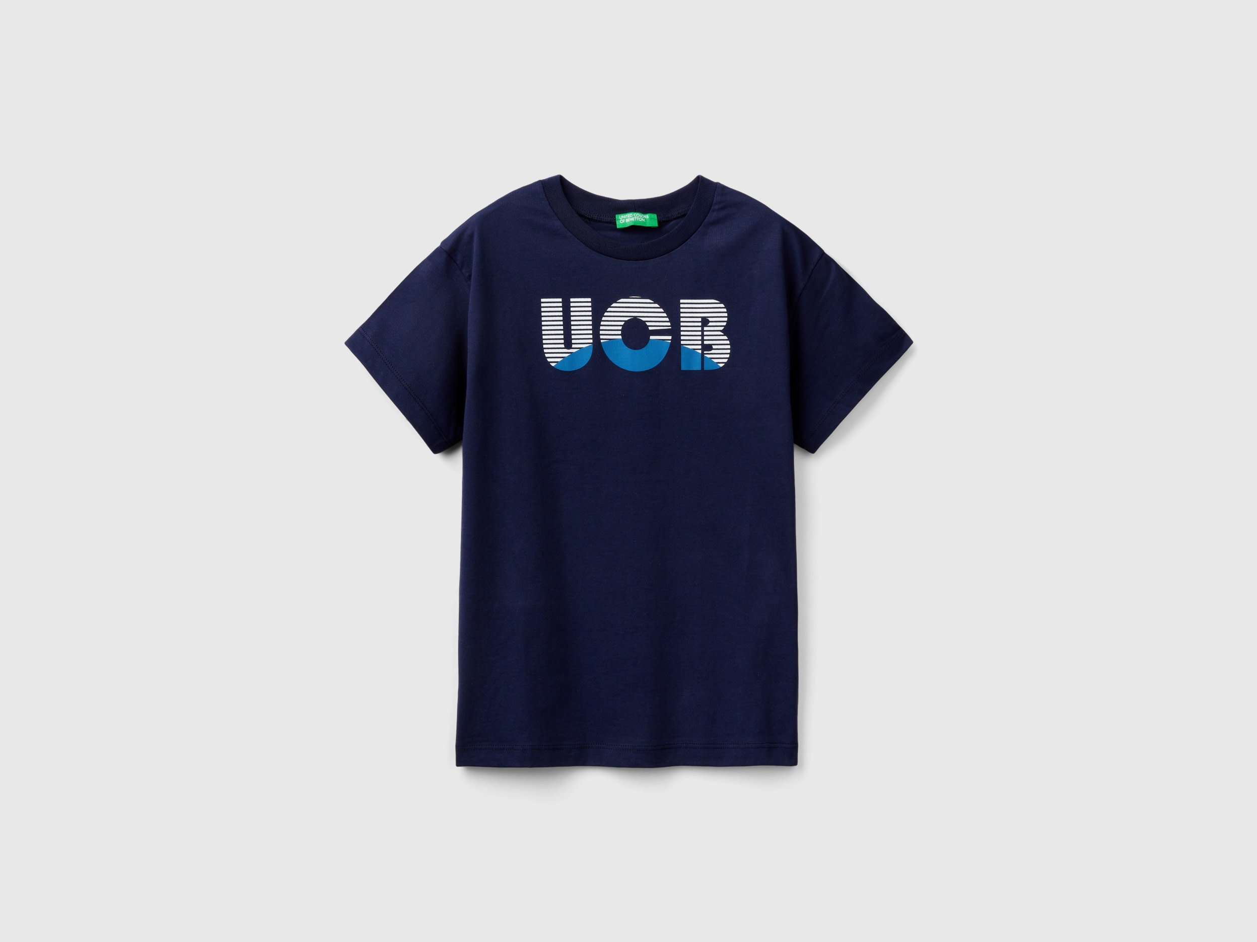 Image of Benetton, 100% Organic Cotton T-shirt With Logo, size L, Dark Blue, Kids