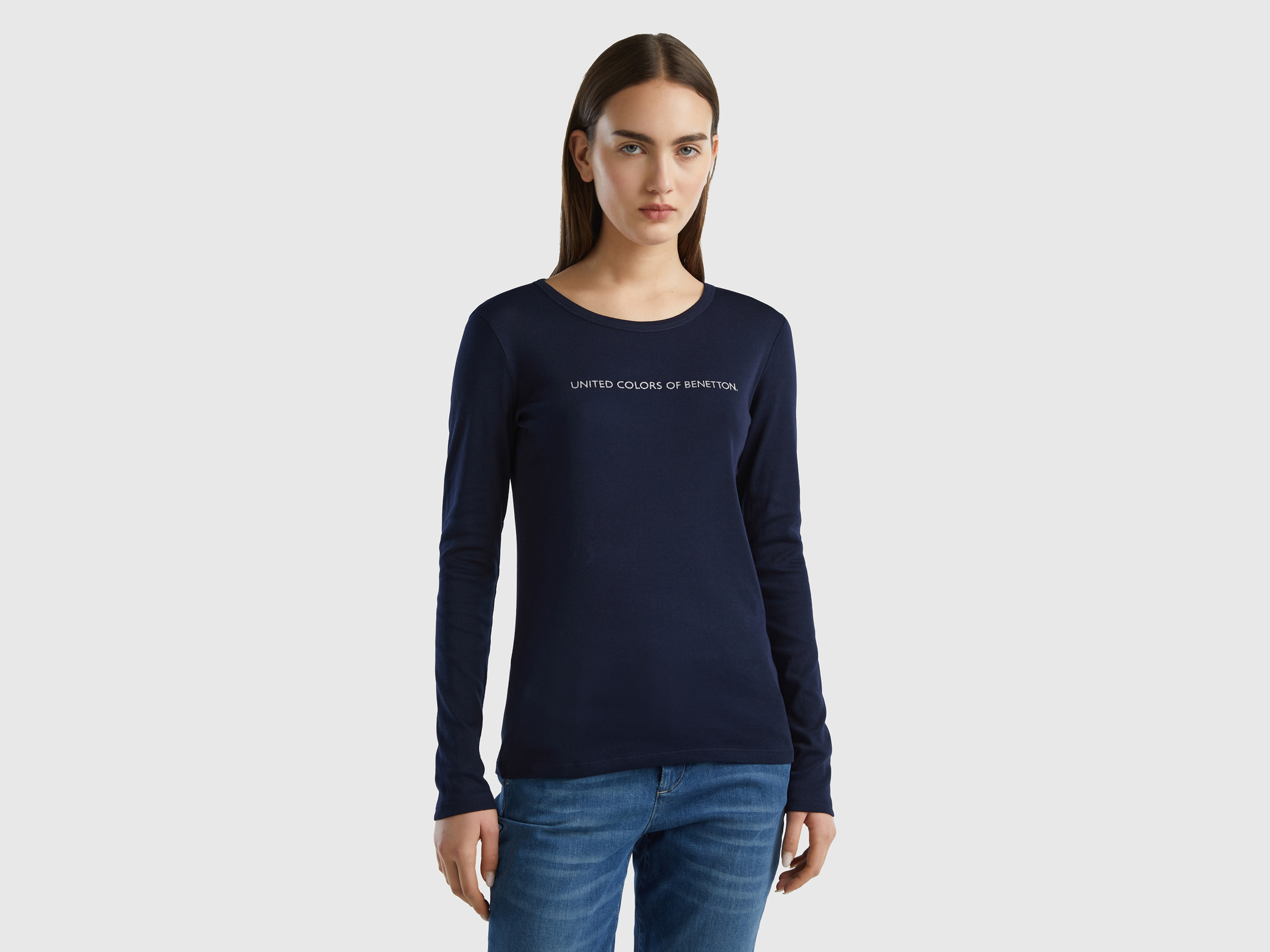 United Colors of Benetton Benetton, T-shirt Μπλε Σκούρο Μακρυμάνικο Από 100% Βαμβακερό, size XS, Σκουρο Μπλε, Γυναικεία