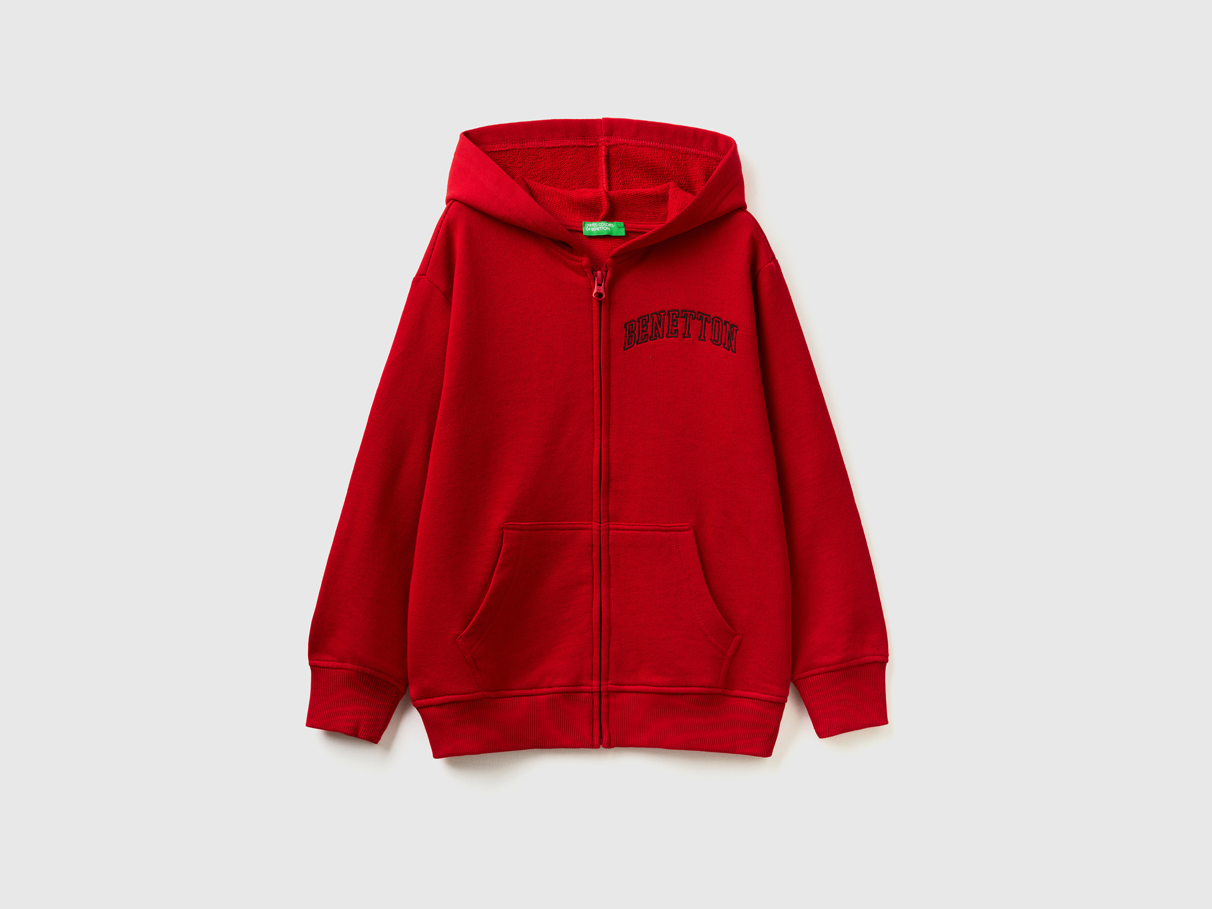 Benetton, Hoodie With Zip And Embroidered Logo, size XL, Red, Kids