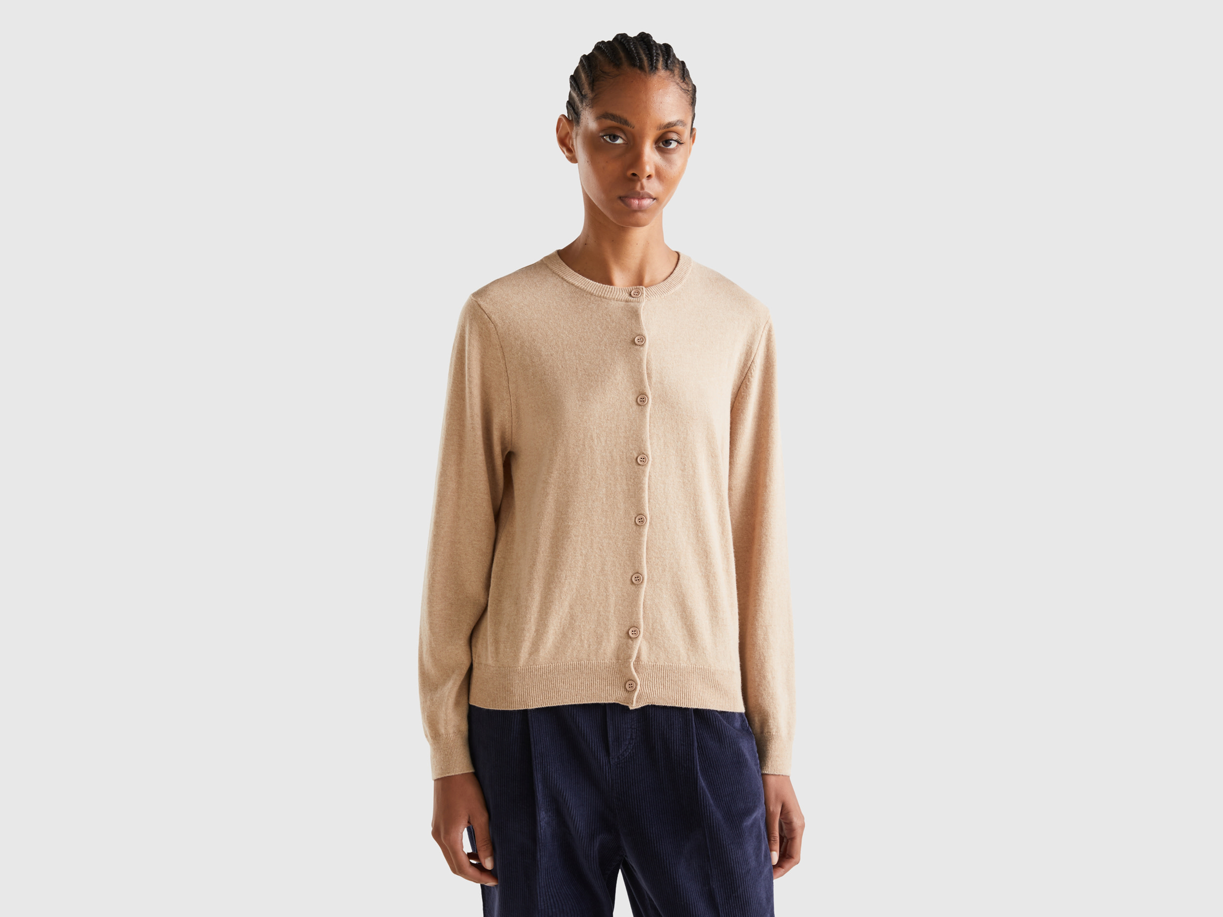Benetton, Cardigan Beige In Misto Lana E Cashmere, Beige, Donna