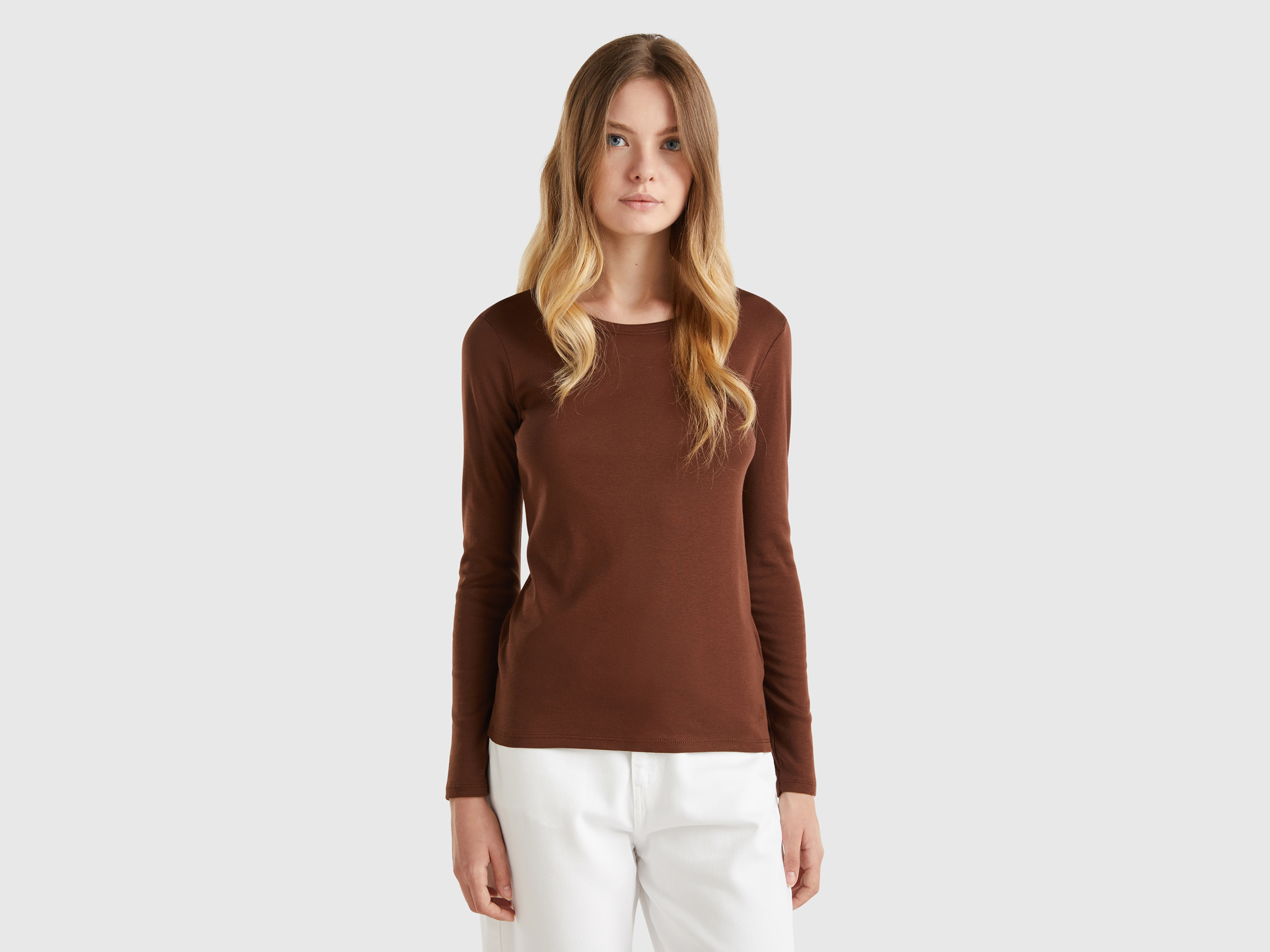 Benetton, T-shirt A Manica Lunga In Puro Cotone, Marrone, Donna