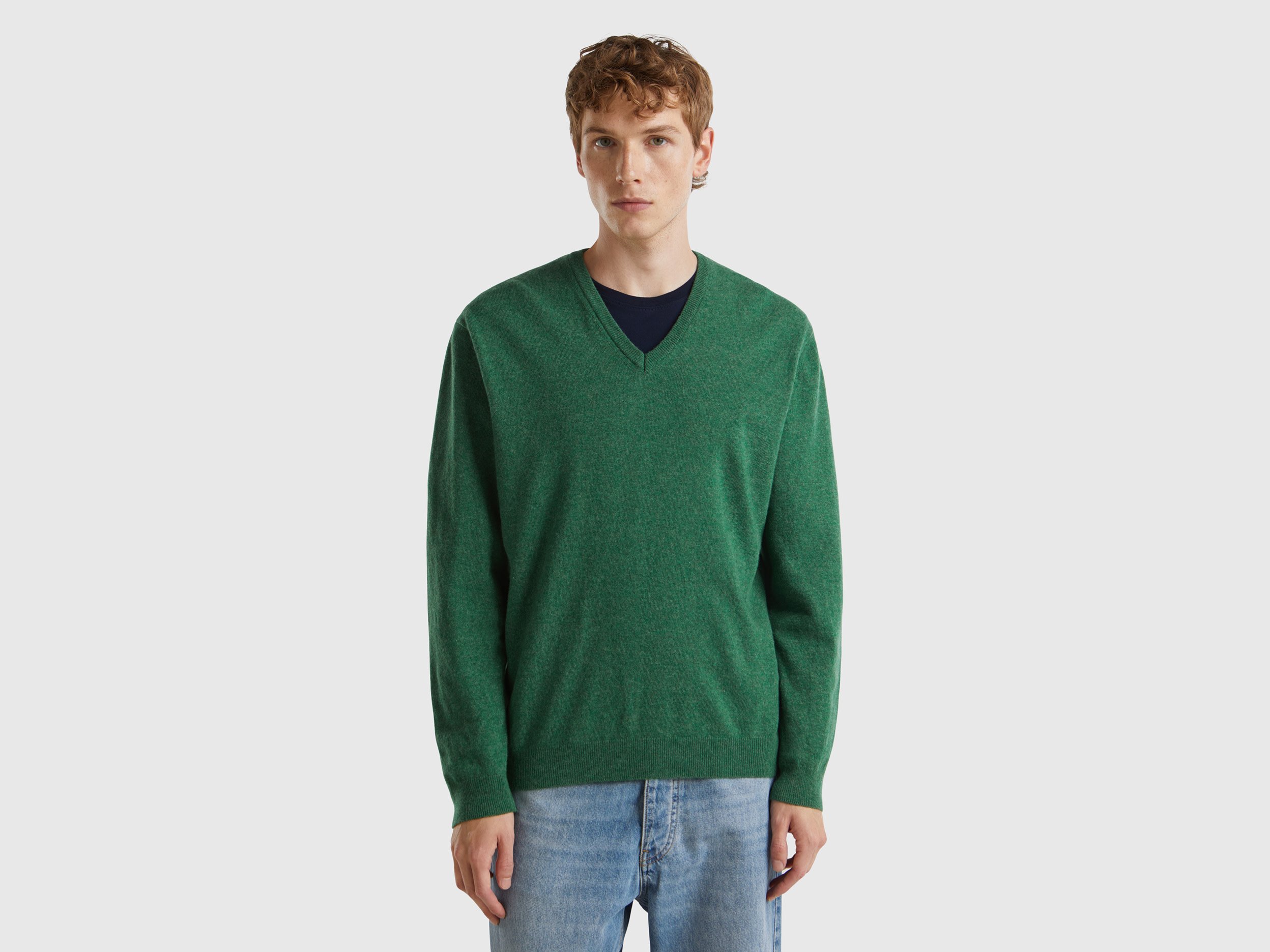 Benetton, Maglia Scollo A V Verde Mélange In Pura Lana Merino, Verde, Uomo