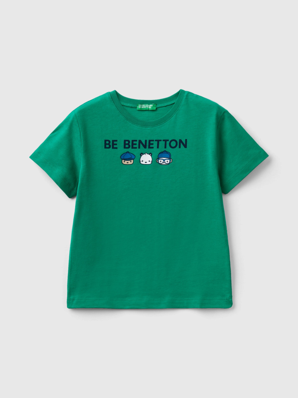 Benetton, T-shirt 100% Algodão Orgânico Com Estampa, Verde, Crianças