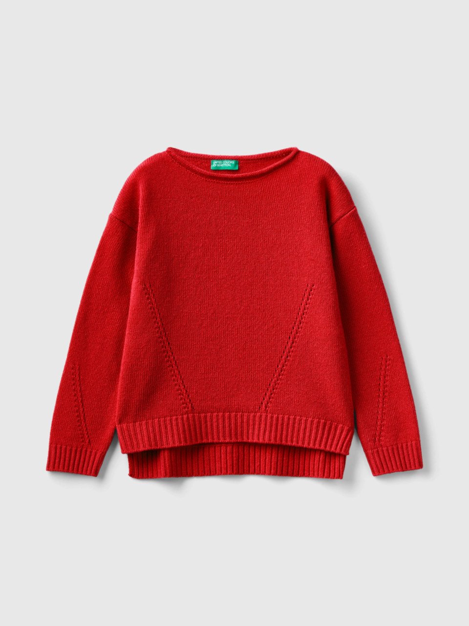 Benetton, Knit Sweater With Playful Stitching, Red, Kids