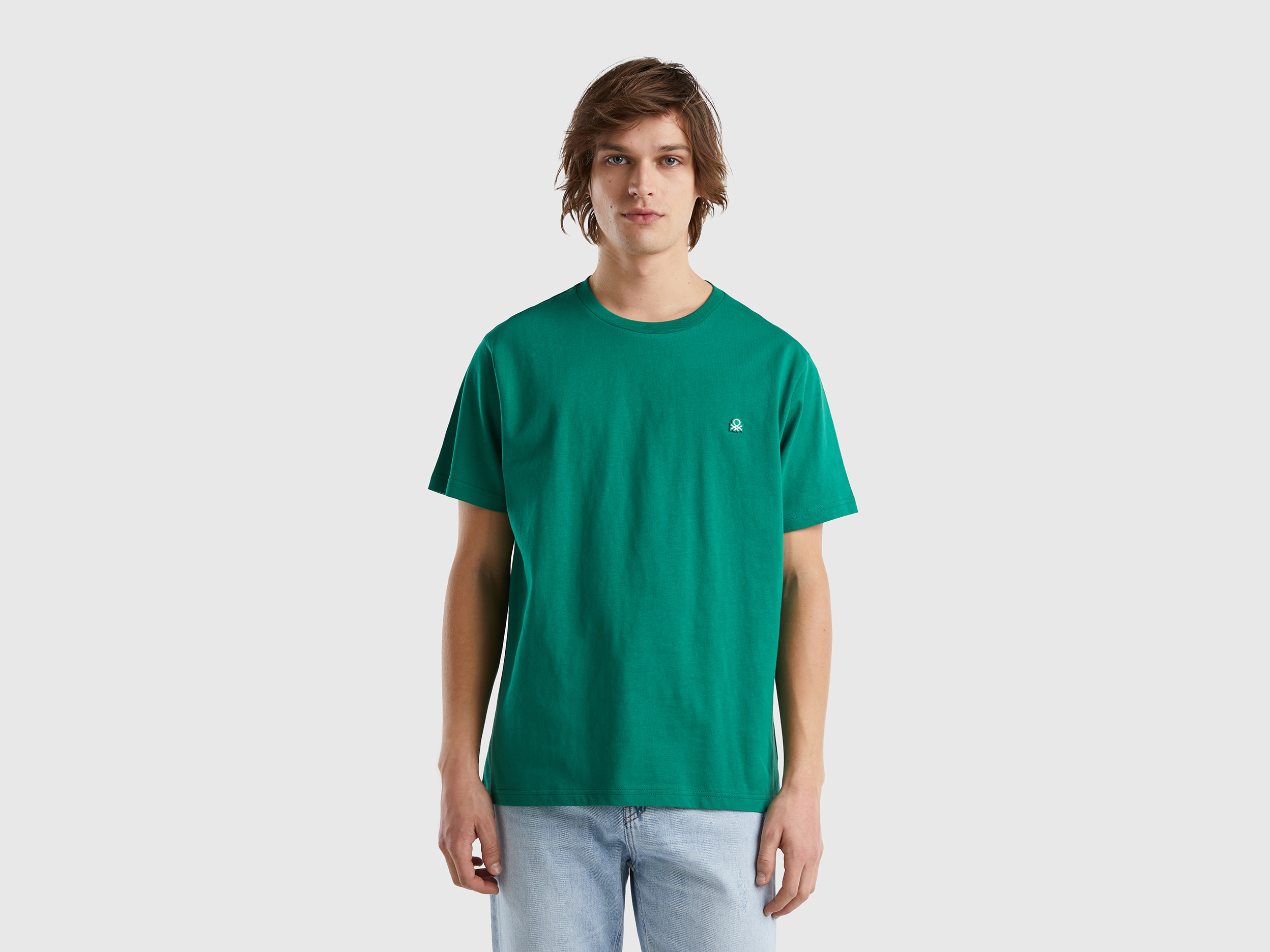 Benetton, T shirt Basica 100% Cotone Bio, Verde Scuro, Uomo