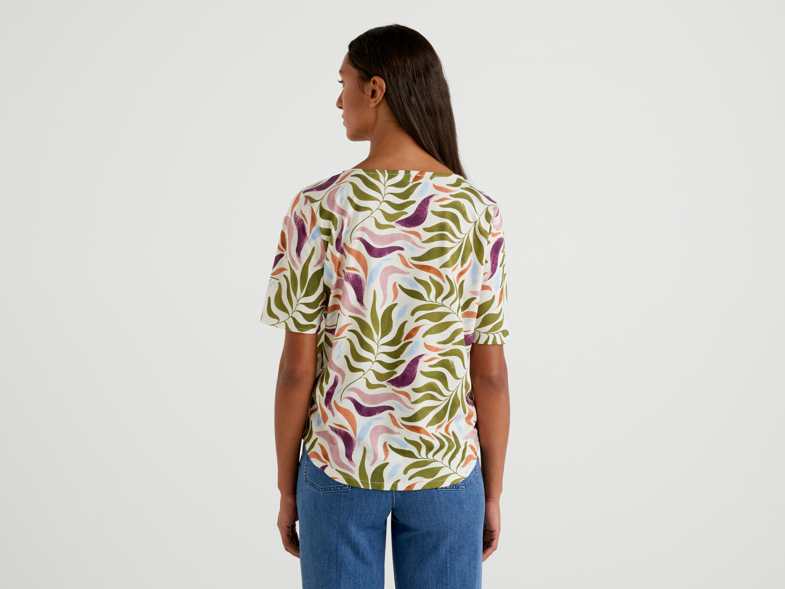 Benetton, Short Sleeve Patterned T-Shirt, Taglia L, White, Women