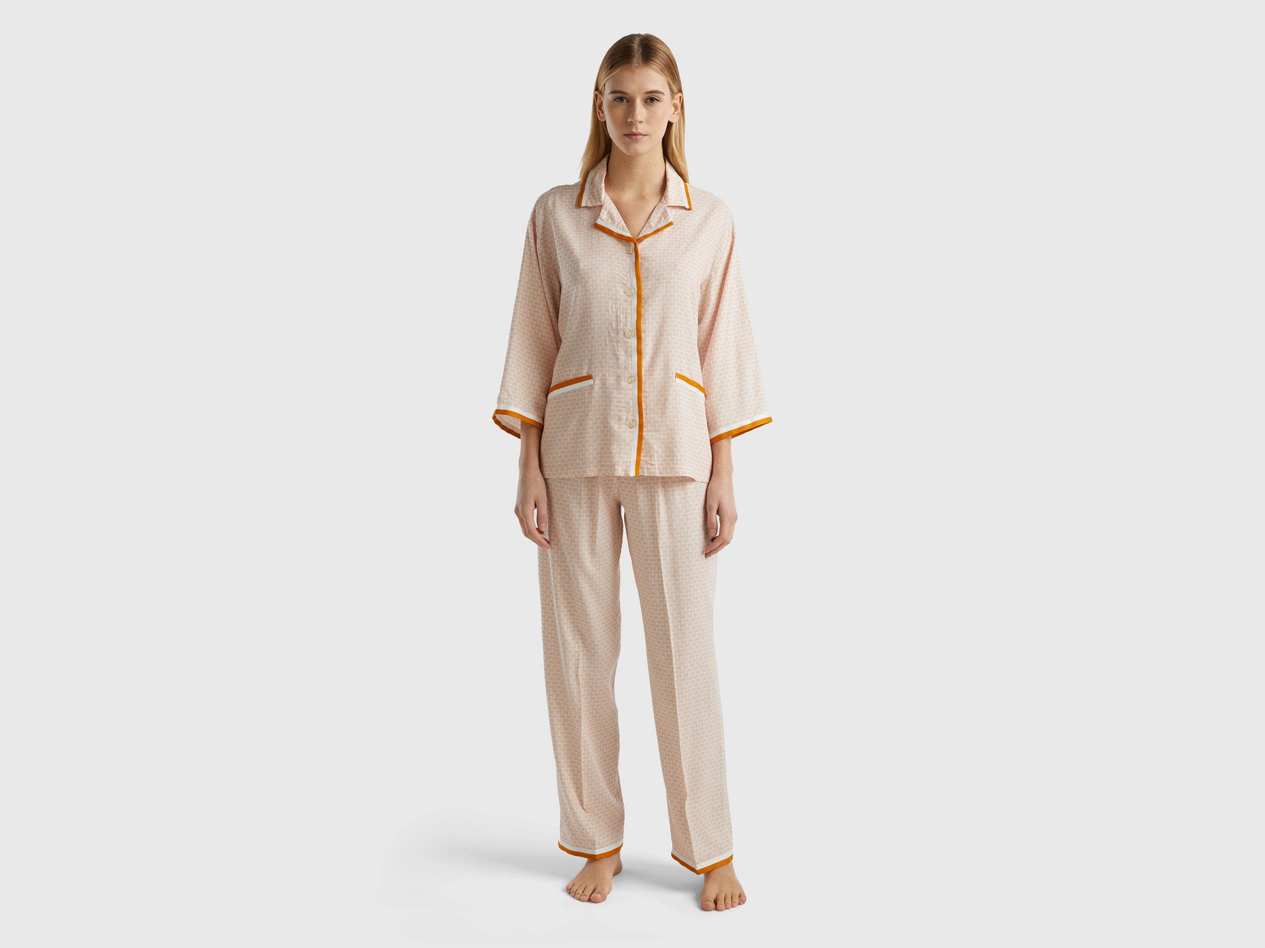 Benetton, Monogram Pyjamas In Sustainable Viscose, size XS, Soft Pink, Women