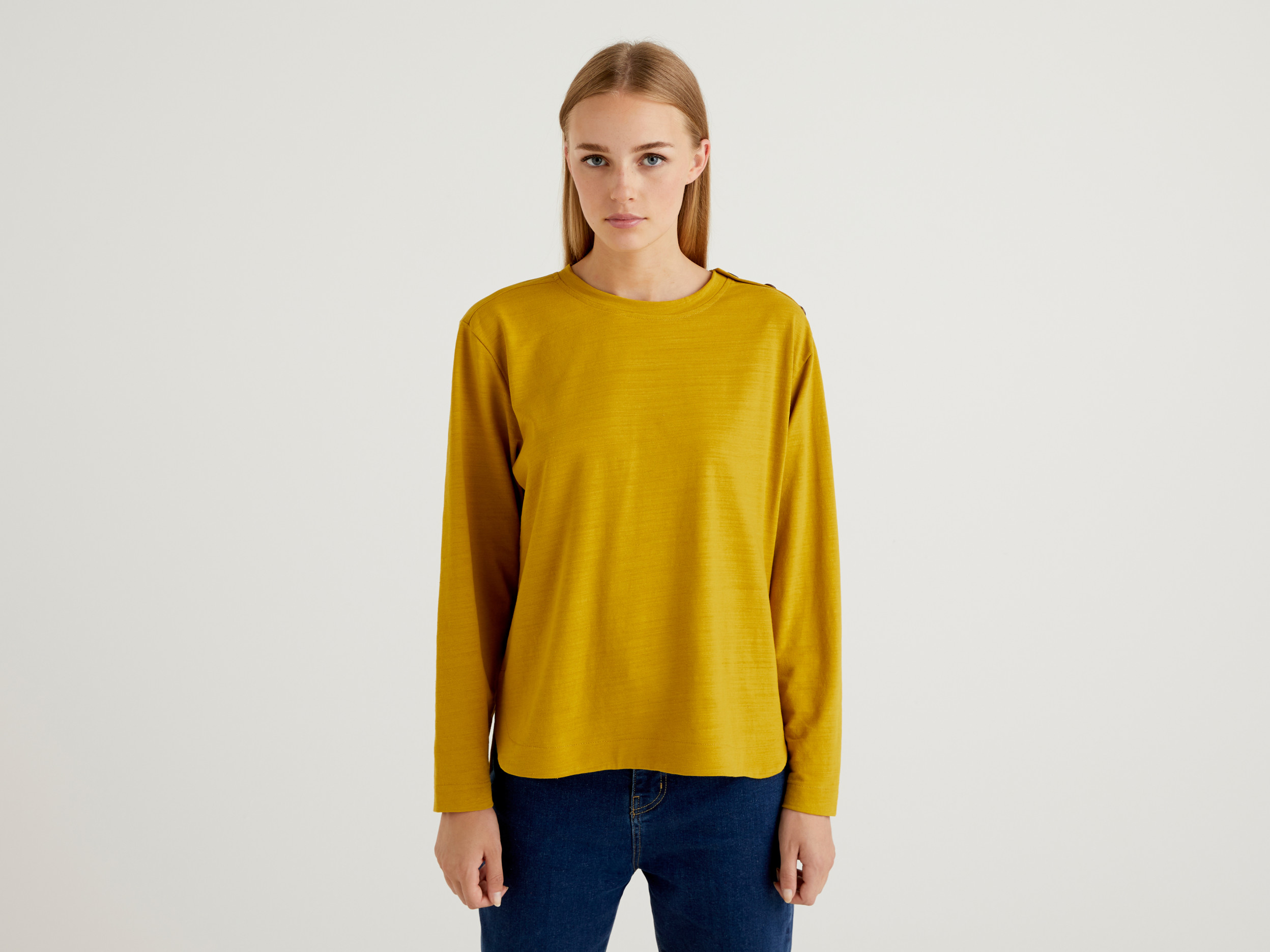 Benetton, Maglietta A Manica Lunga Con Bottoni, Giallo, Donna Benetton, Maglietta A Manica Lunga Con Bottoni, Giallo, Donna