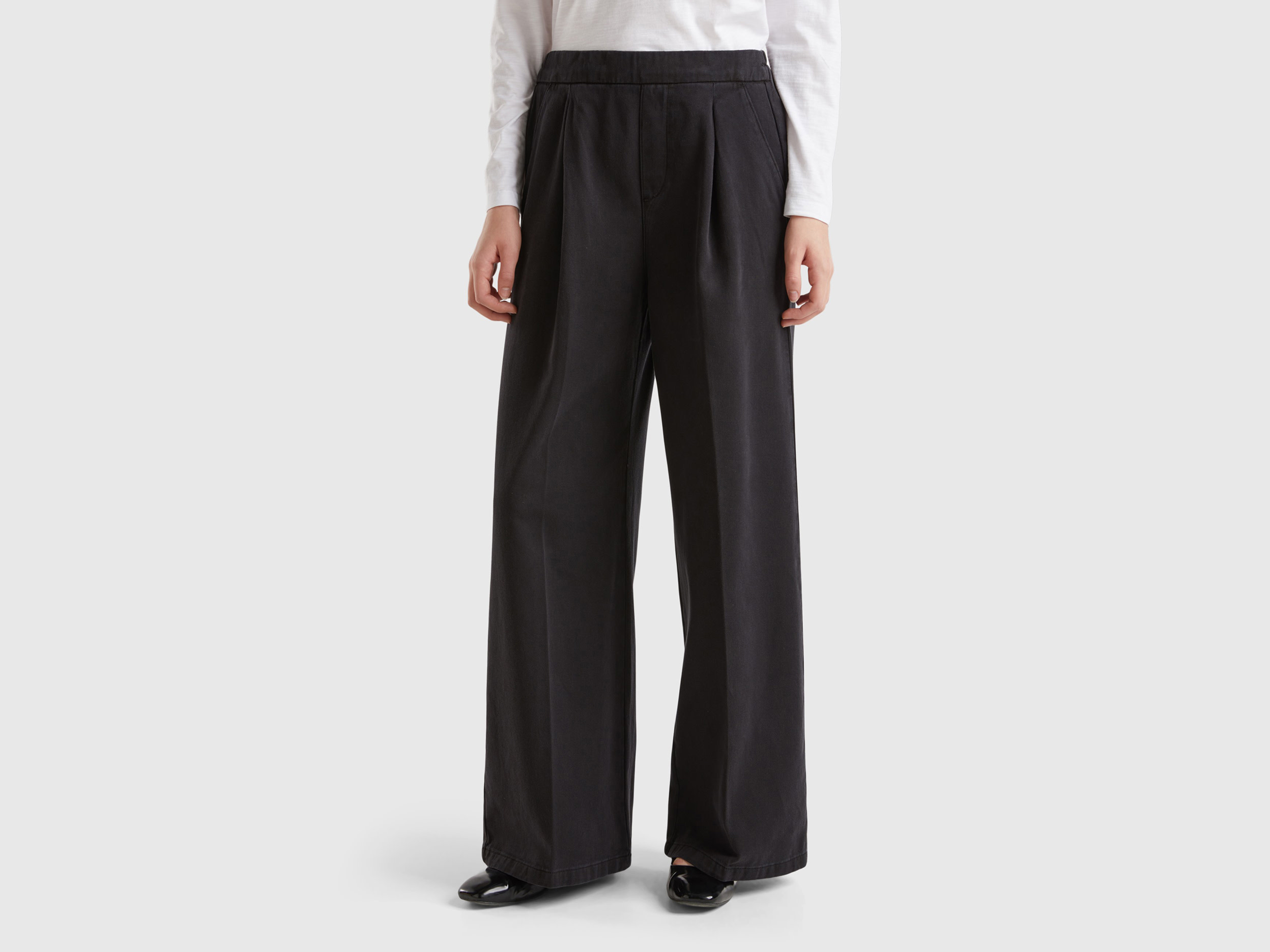Benetton, Pantaloni Palazzo A Vita Alta, Nero, Donna