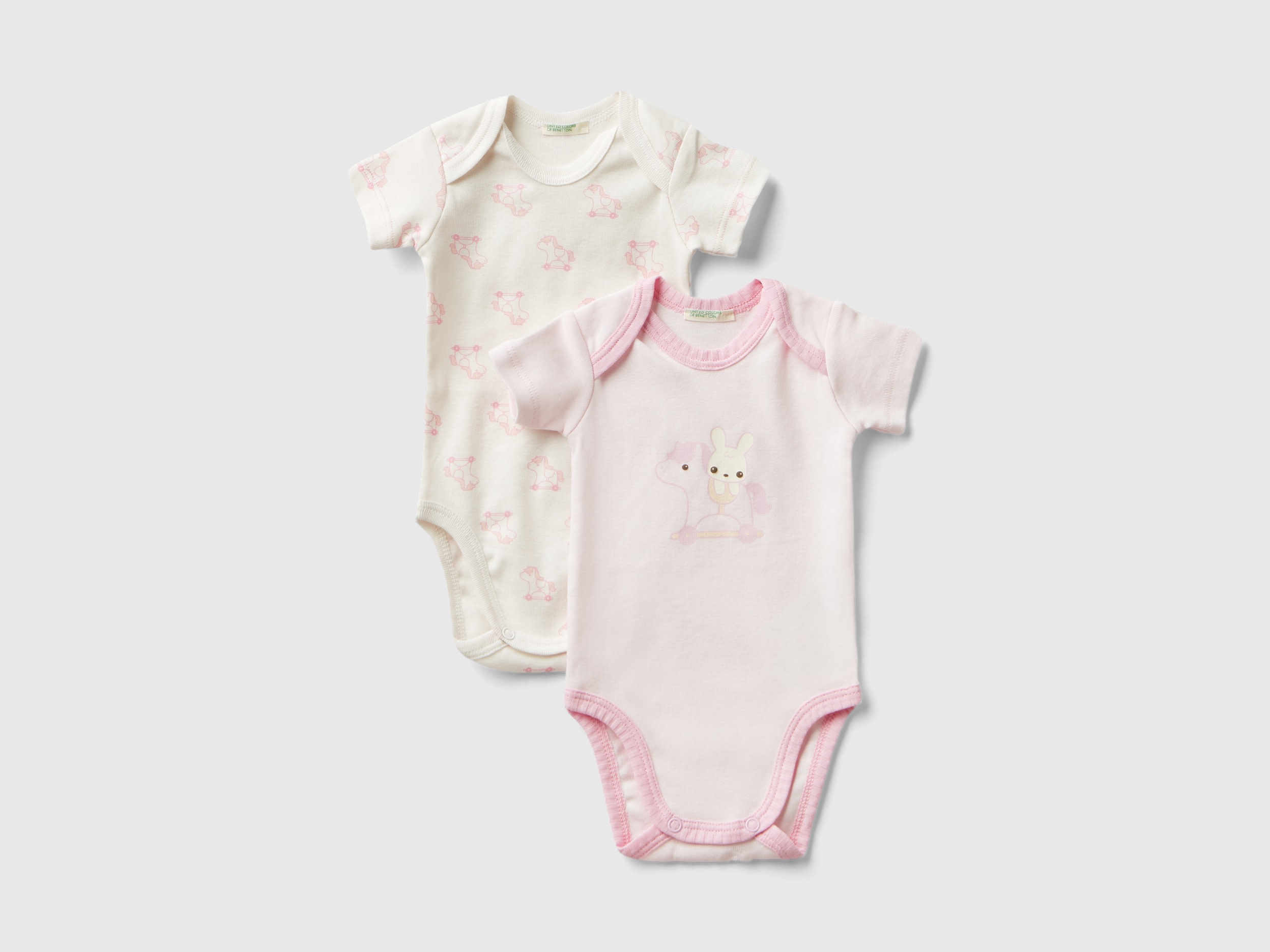 Image of Benetton, Two Short Sleeve Bodysuits In Organic Cotton, size 90, Pastel Pink, Kids
