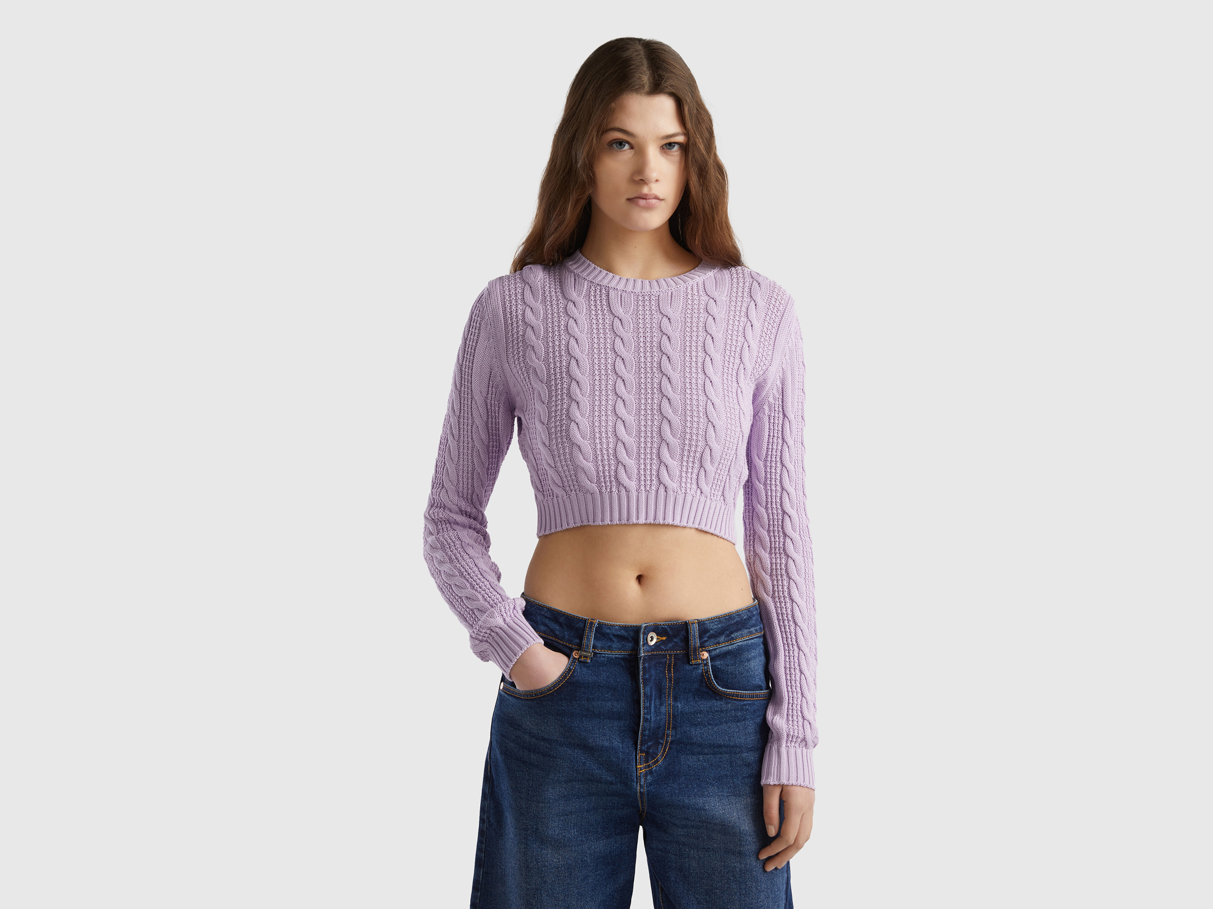 Benetton, Cropped Cable Knit Sweater, size XS-S, Lilac, Women
