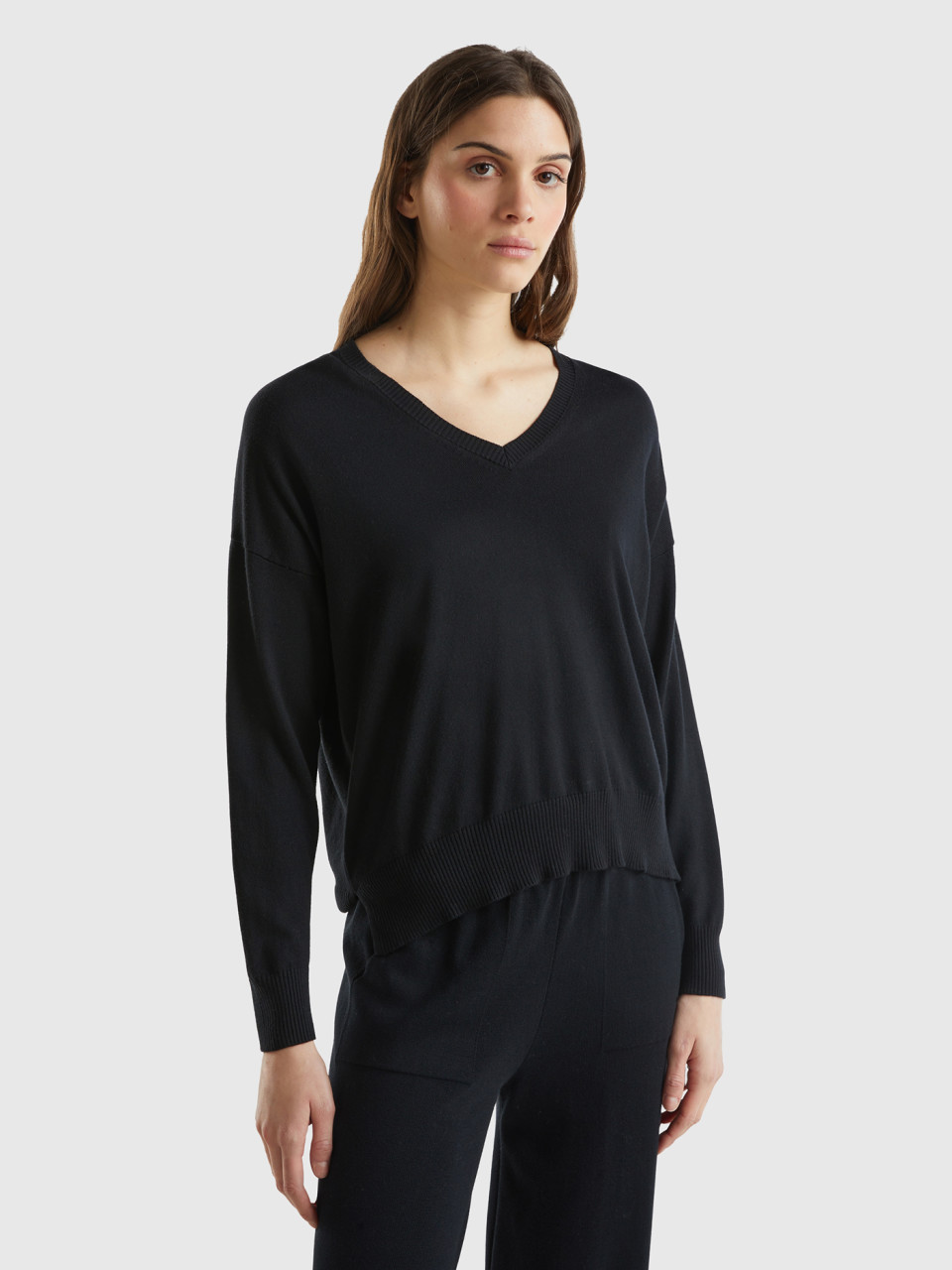 Benetton, V-neck Sweater In Modal® Blend, Black, Women