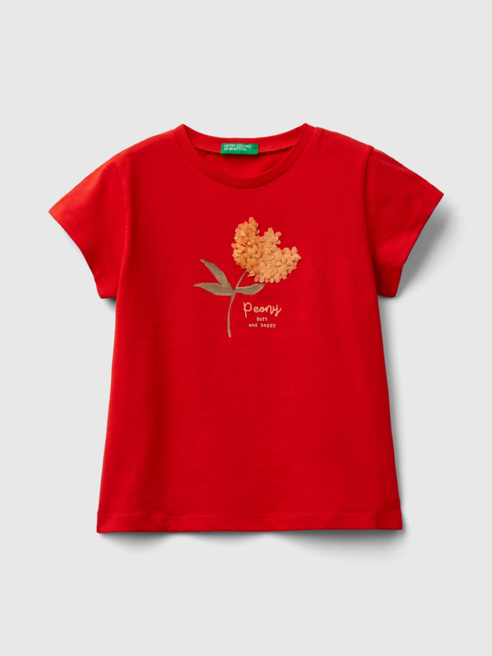 Benetton, T-shirt With Petal Effect Applique, Red, Kids