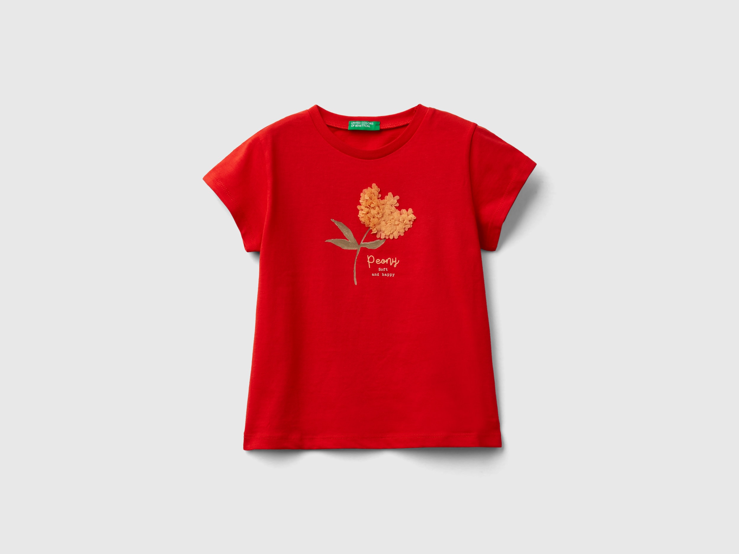 Image of Benetton, T-shirt With Petal Effect Applique, size 98, Red, Kids