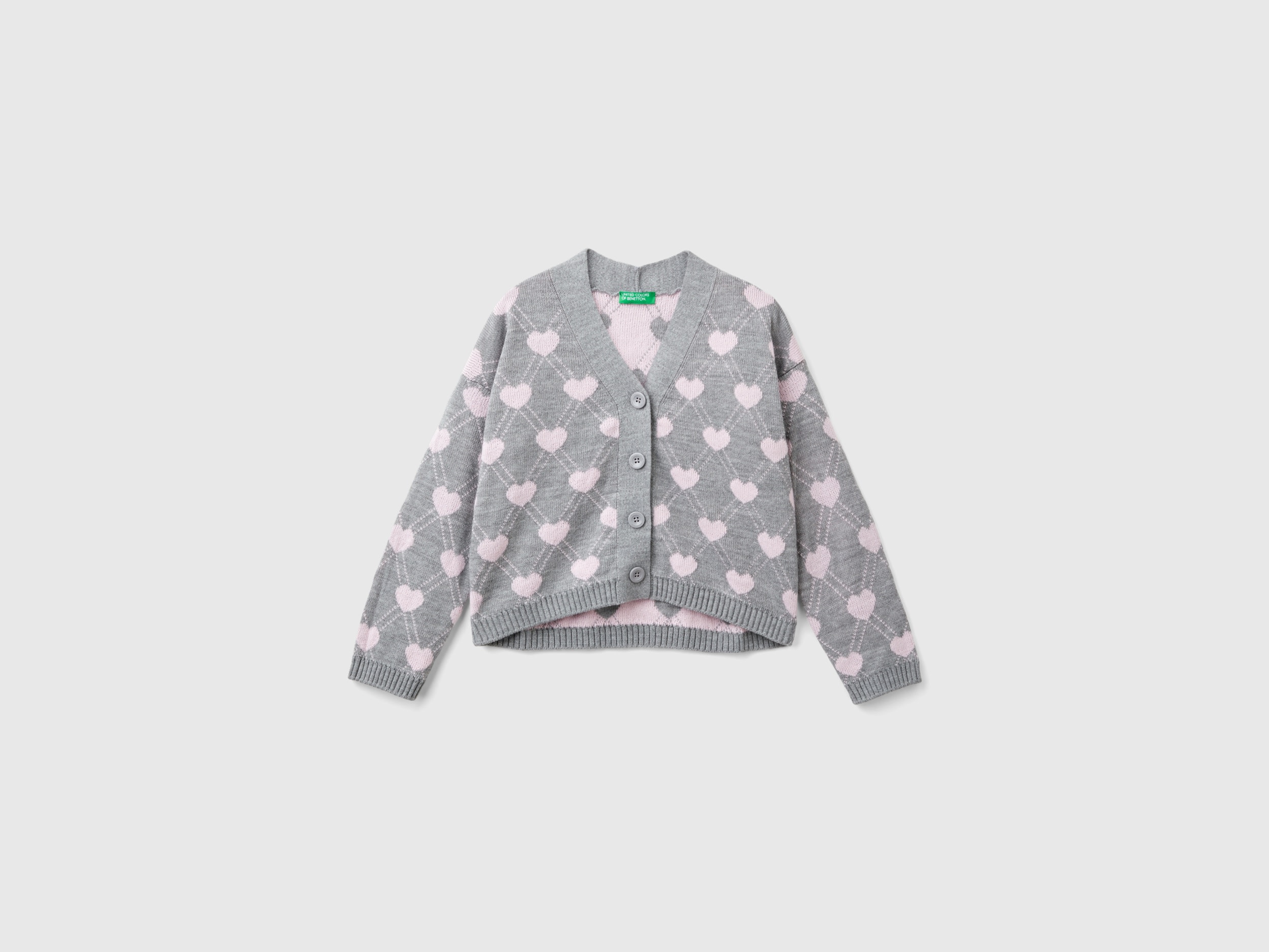 Benetton, Cardigan Con Motivo Cuori, Grigio Chiaro, Bambini