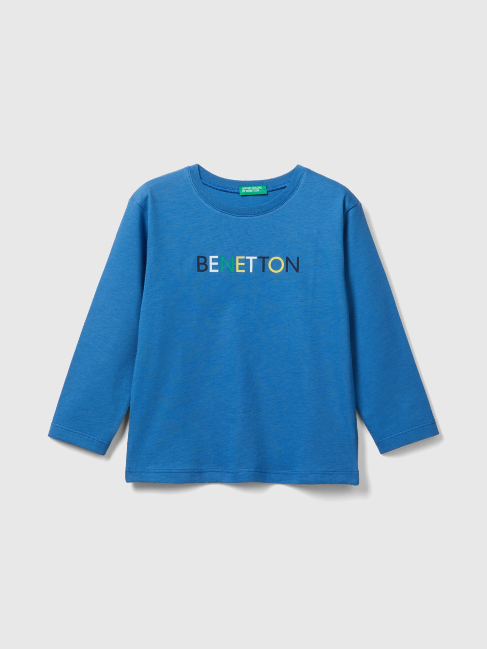 Benetton, T-shirt Manica Lunga In Cotone Bio, Blu, Bambini