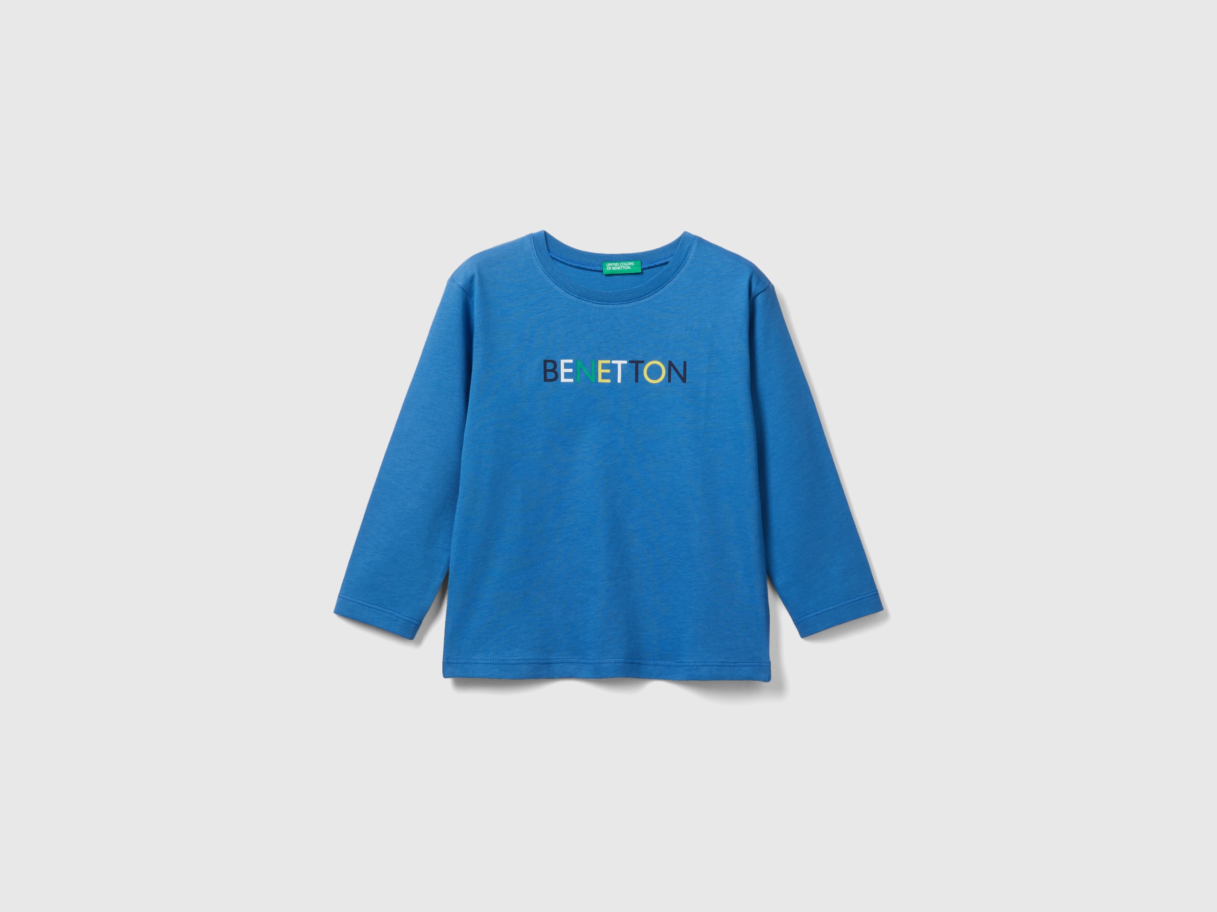Image of Benetton, Long Sleeve Organic Cotton T-shirt, size 82, Blue, Kids