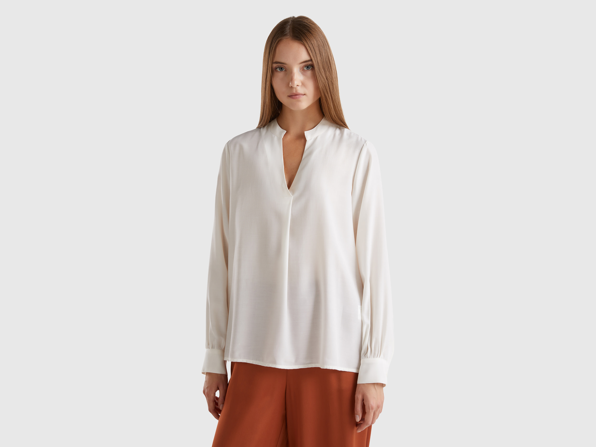 Benetton, Camicia Con Scollo Serafino, Bianco Panna, Donna
