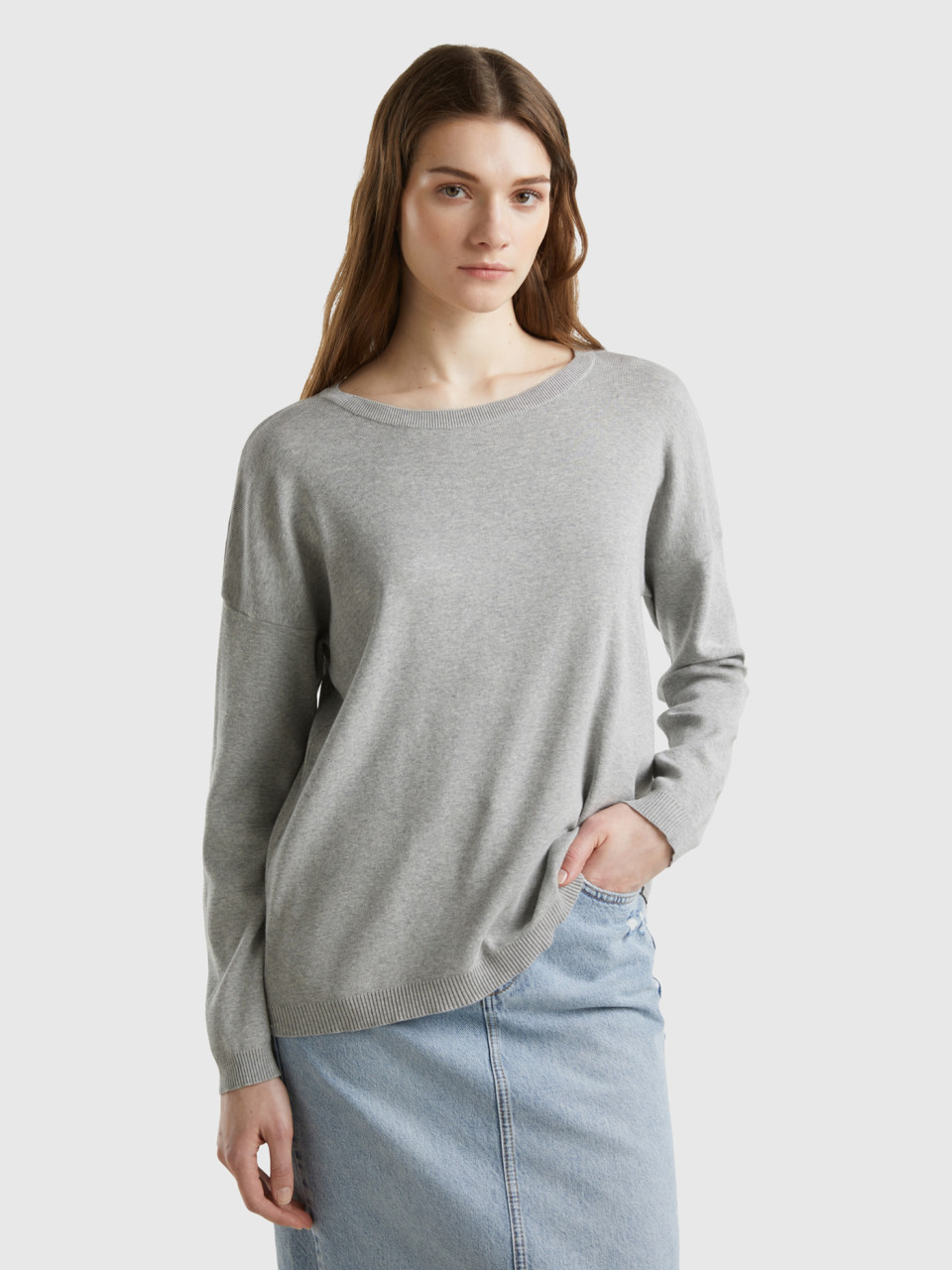 Benetton, Cotton Sweater With Round Neck, Light Gray, Women